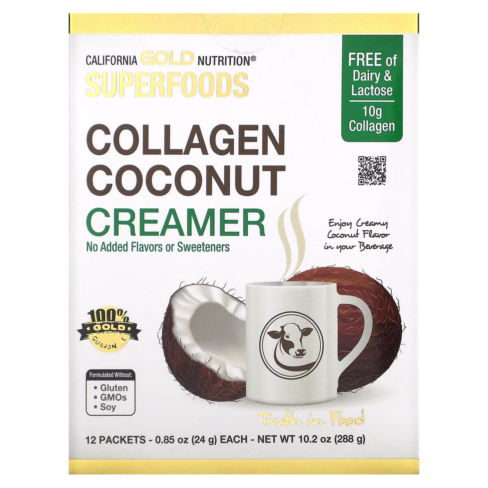 Superfoods, Sustituto de crema de coco con colágeno y leche de coco orgánico en polvo, péptido de colágeno hidrolizado, Sin endulzar, 12 sobres de 24 g (0,85 oz) cada uno, California Gold Nutrition