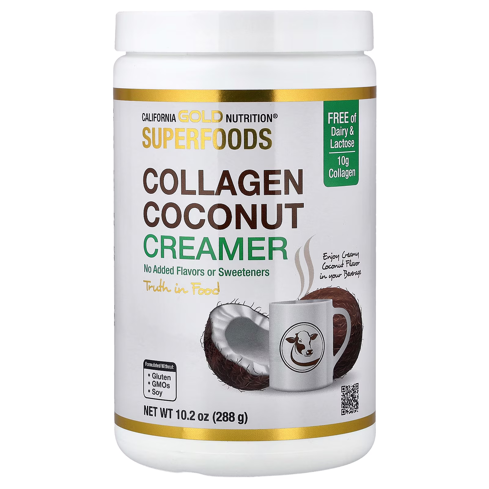 Superfoods, Crema de leche de coco orgánica con colágeno hidrolizado, maltodextrina de tapioca orgánica y extracto de bambú, Sin endulzar, 288 g, 10.2 oz (288 g), California Gold Nutrition