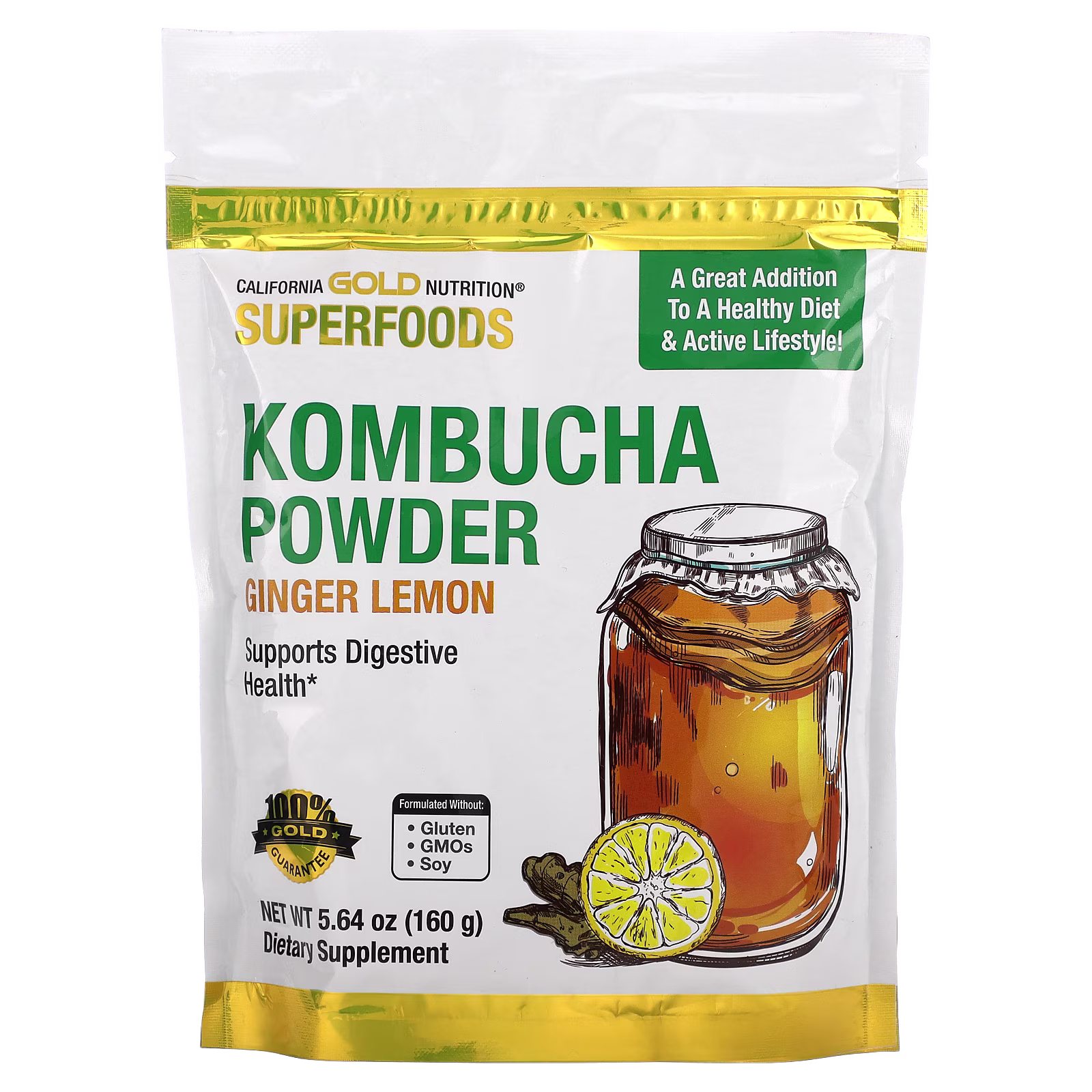 Superfoods, Kombucha en polvo, Jengibre y limón, 160 g (5,64 oz), California Gold Nutrition