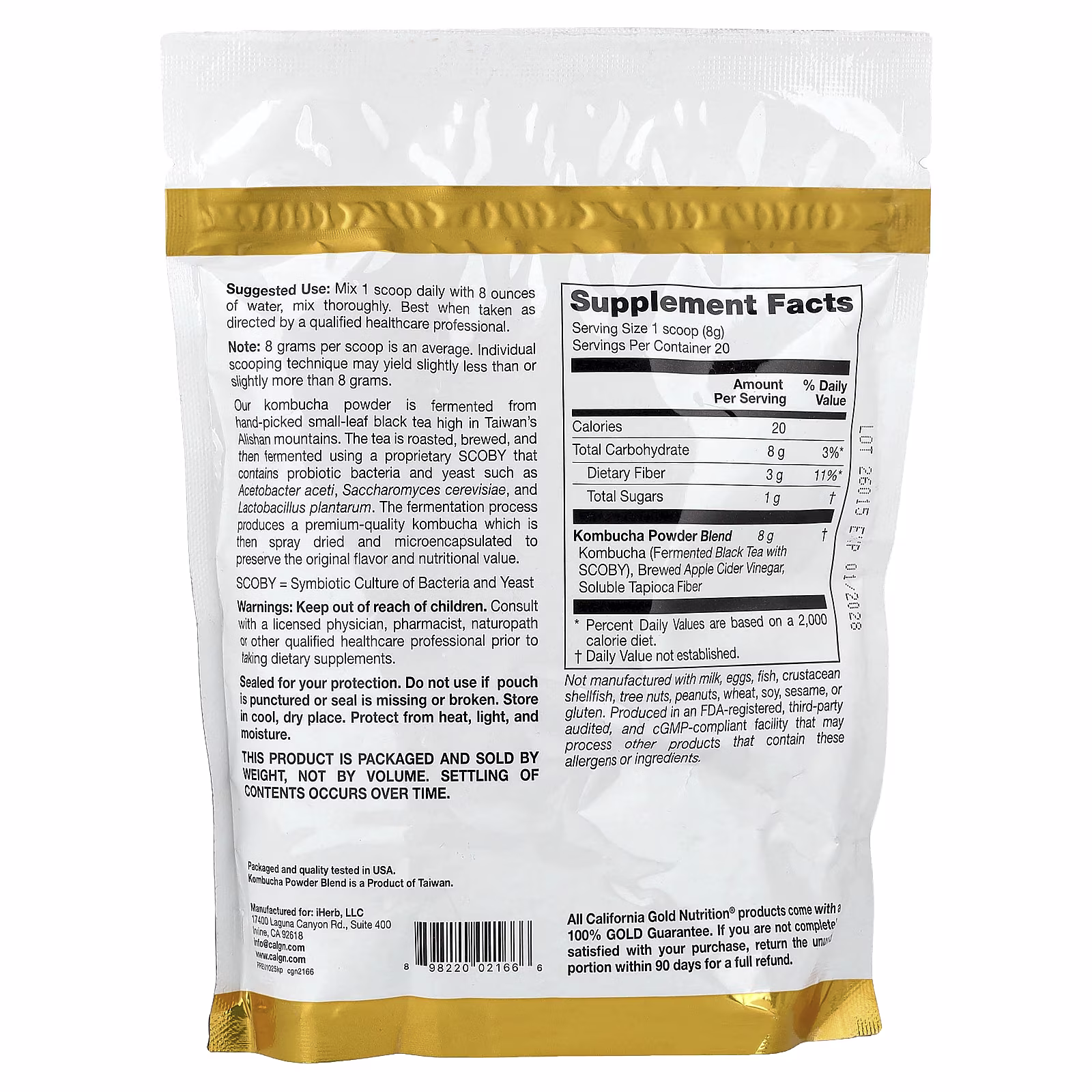 Superfoods, Kombucha en polvo, Sin sabor, 160 g (5,64 oz), California Gold Nutrition