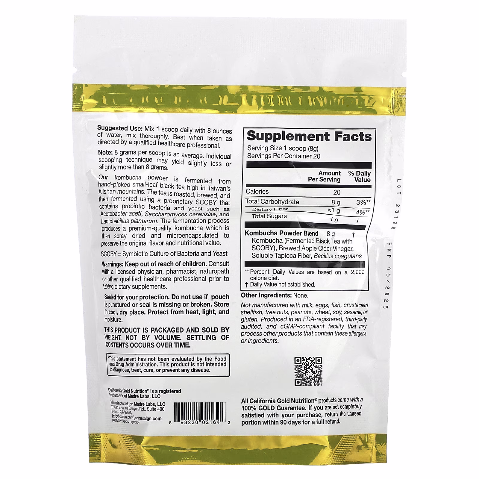 Superfoods, Kombucha en polvo con kombucha, vinagre de sidra de manzana fermentado y fibra de tapioca soluble más probióticos, 160 g (5,64 oz), California Gold Nutrition