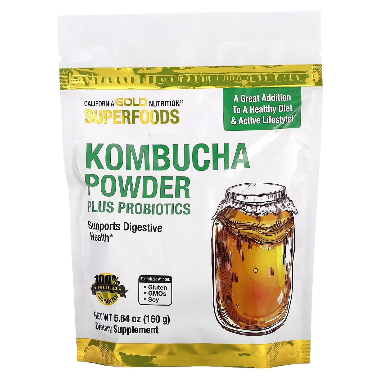 Superfoods, Kombucha en polvo con kombucha, vinagre de sidra de manzana fermentado y fibra de tapioca soluble más probióticos, 160 g (5,64 oz), California Gold Nutrition