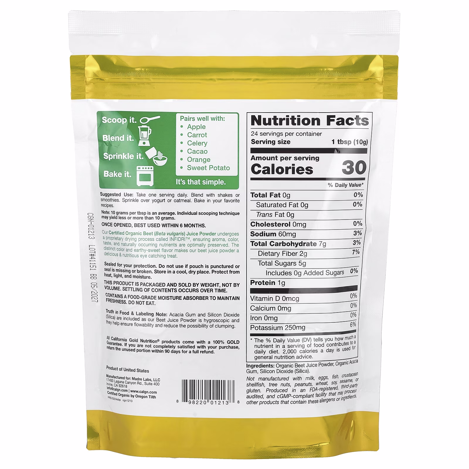 Superfoods, Zumo de remolacha orgánica en polvo, 240 g (8,5 oz), California Gold Nutrition