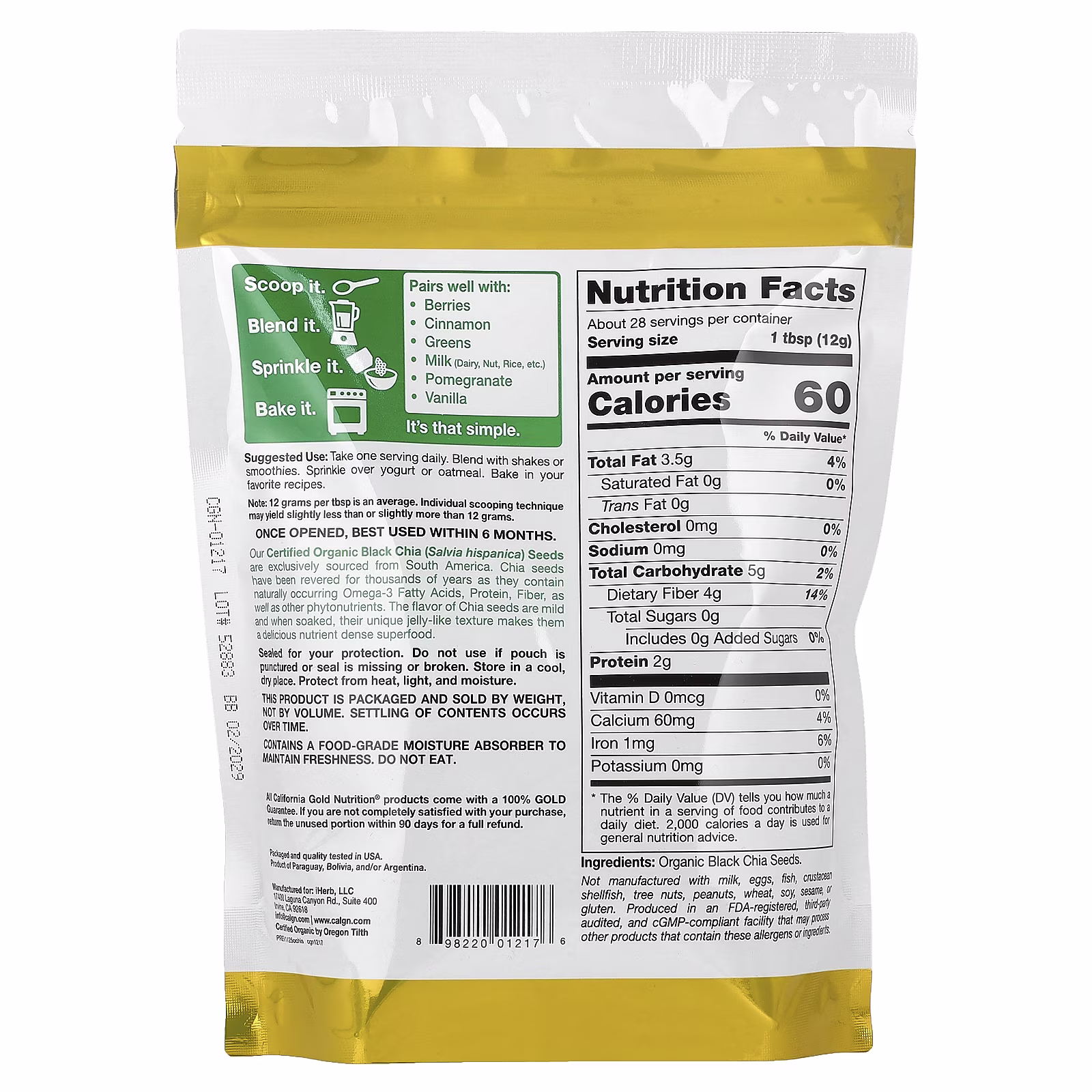 Superfoods, Semillas de chía orgánica, 340 g (12 oz), California Gold Nutrition