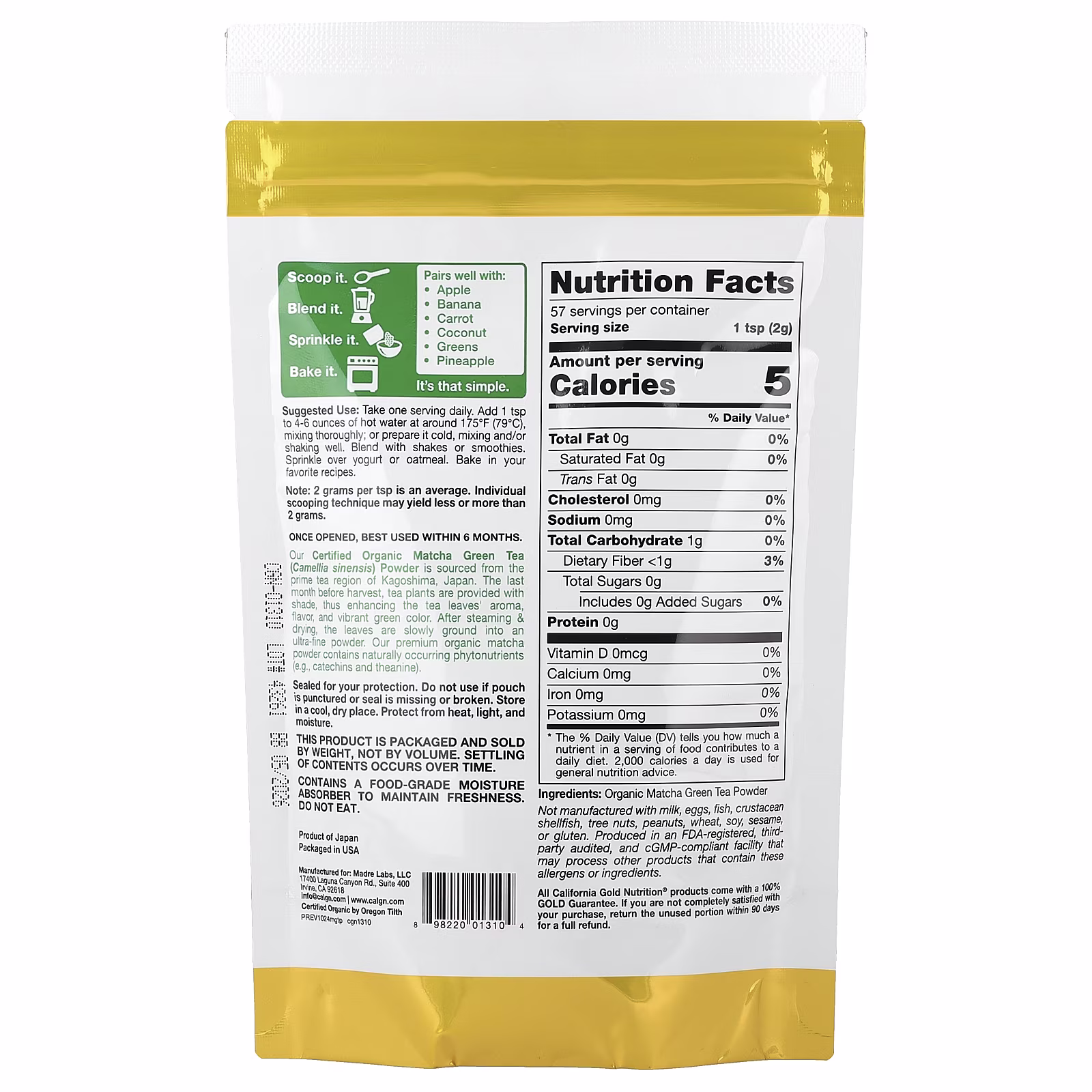 Superfoods, Té verde matcha orgánico en polvo, 114 g (4 oz), California Gold Nutrition