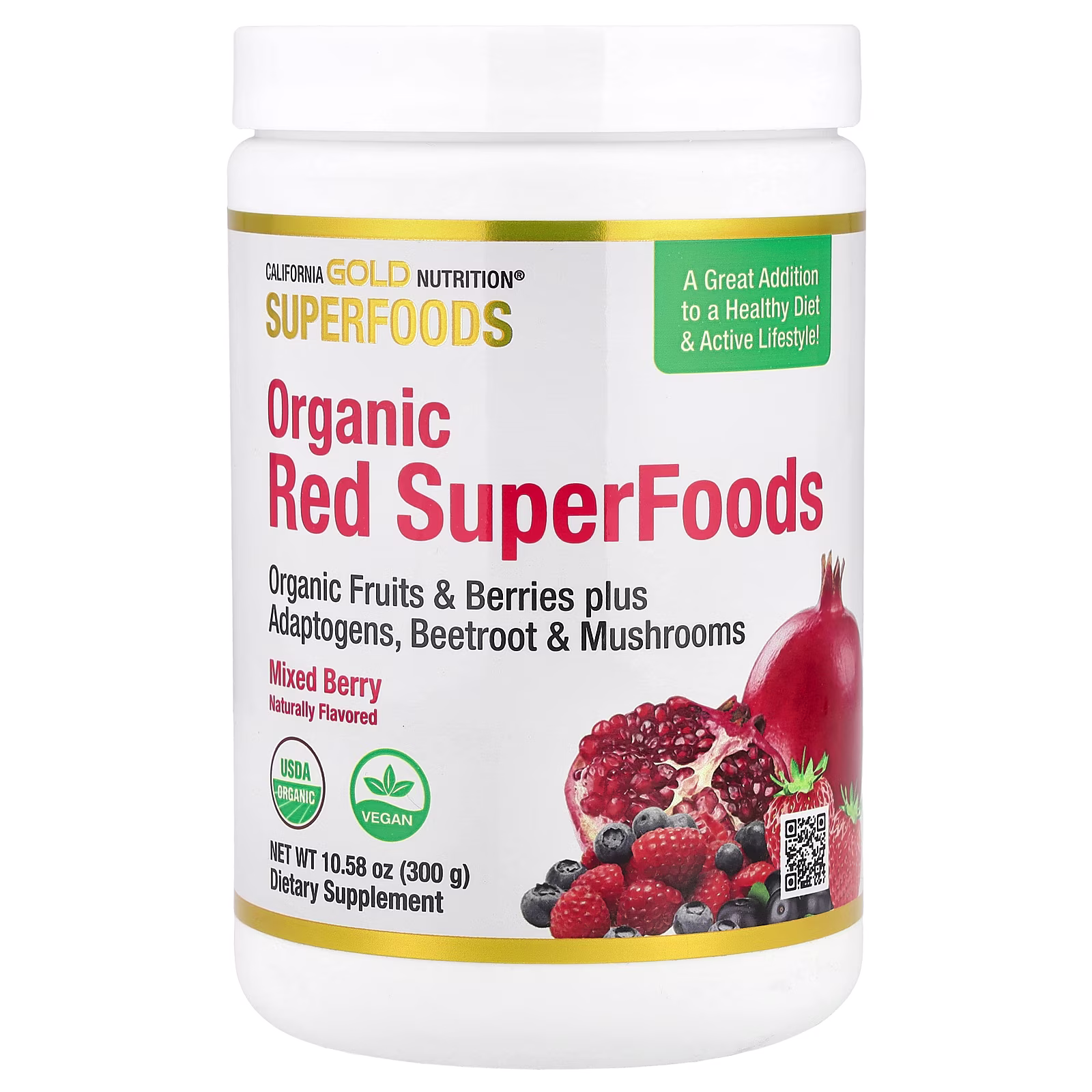 Superfoods, Superalimentos rojos orgánicos con asaí orgánico, arándano azul orgánico, arándano rojo orgánico y granada orgánica en polvo, Bayas mixtas, 300 g (10,58 oz), California Gold Nutrition