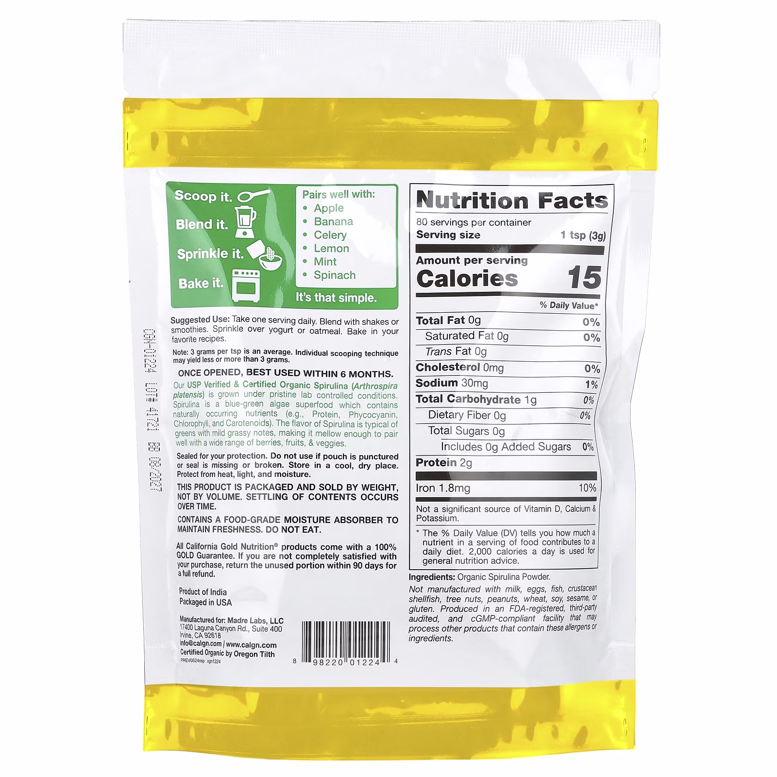 Superalimentos, Polvo de espirulina orgánica, 240 g (8,5 oz), California Gold Nutrition