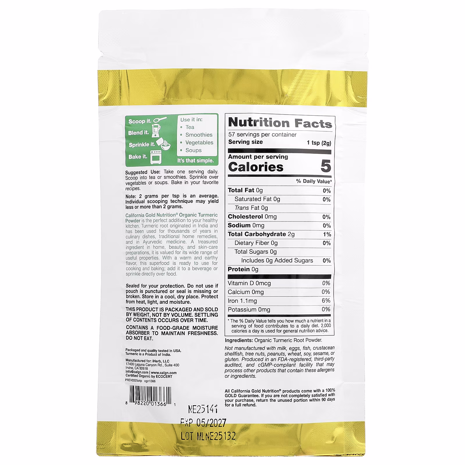 Superfoods, Cúrcuma orgánica en polvo, 114 g (4 oz), California Gold Nutrition