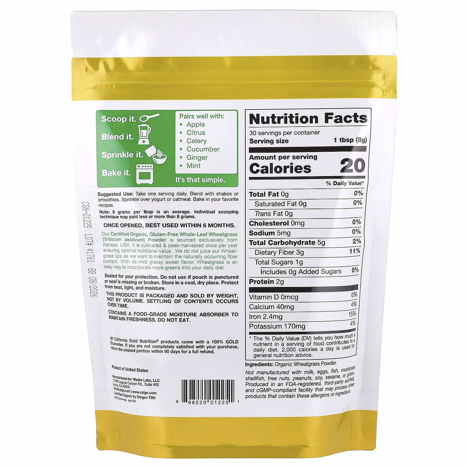 Superfoods, Hierba de trigo orgánico en polvo, 240 g (8,5 oz), California Gold Nutrition