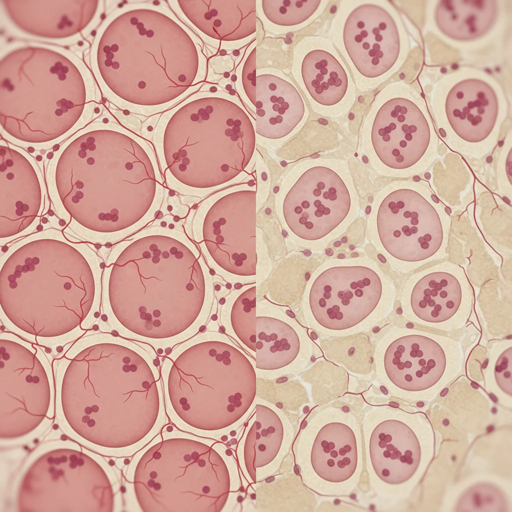 Comparación visual entre fibra muscular sana y sarcopenia en adulto mayor