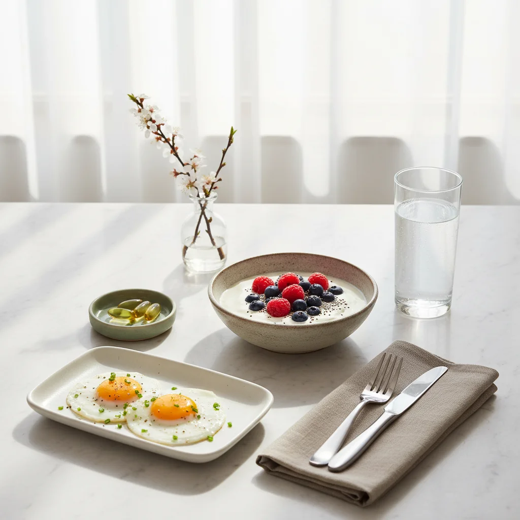 Desayuno proteico balanceado de adulto mayor con suplementación esencial de vitamina D y omega 3