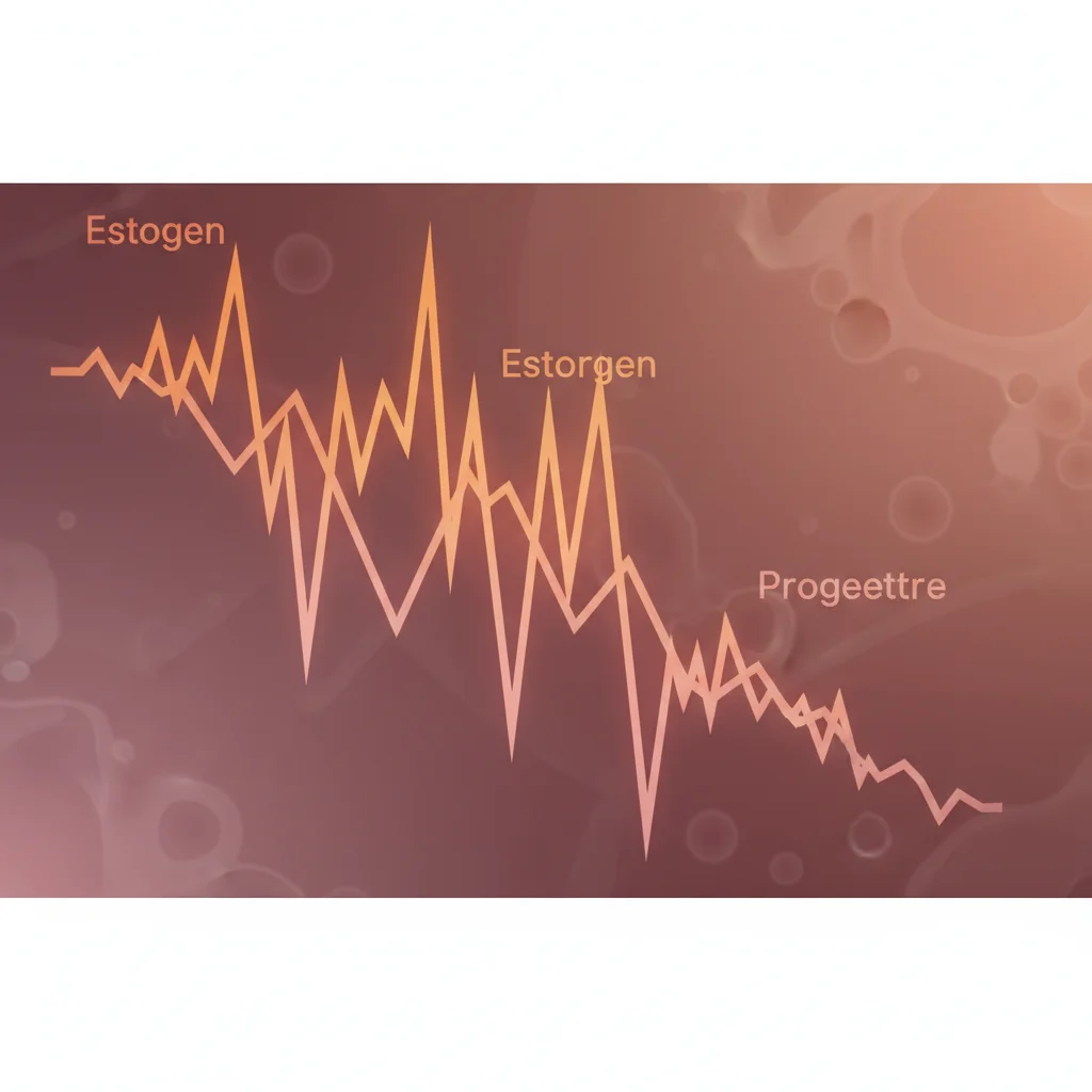 Visualización de la fluctuación errática de estrógenos y caída temprana de progesterona en perimenopausia
