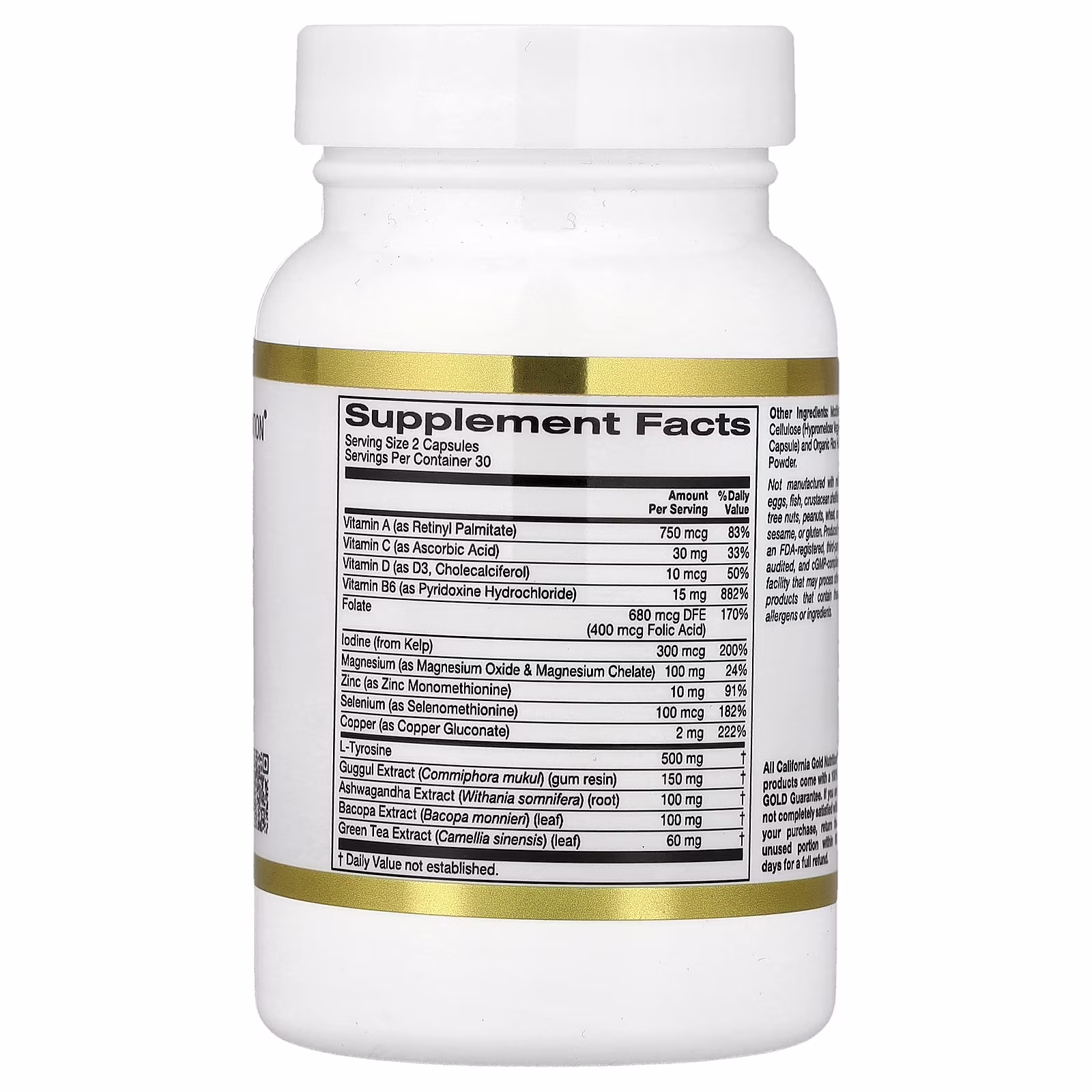 Suplemento para reforzar la tiroides con extractos de guggul, ashwagandha, bacopa y té verde, 60 cápsulas vegetales, California Gold Nutrition