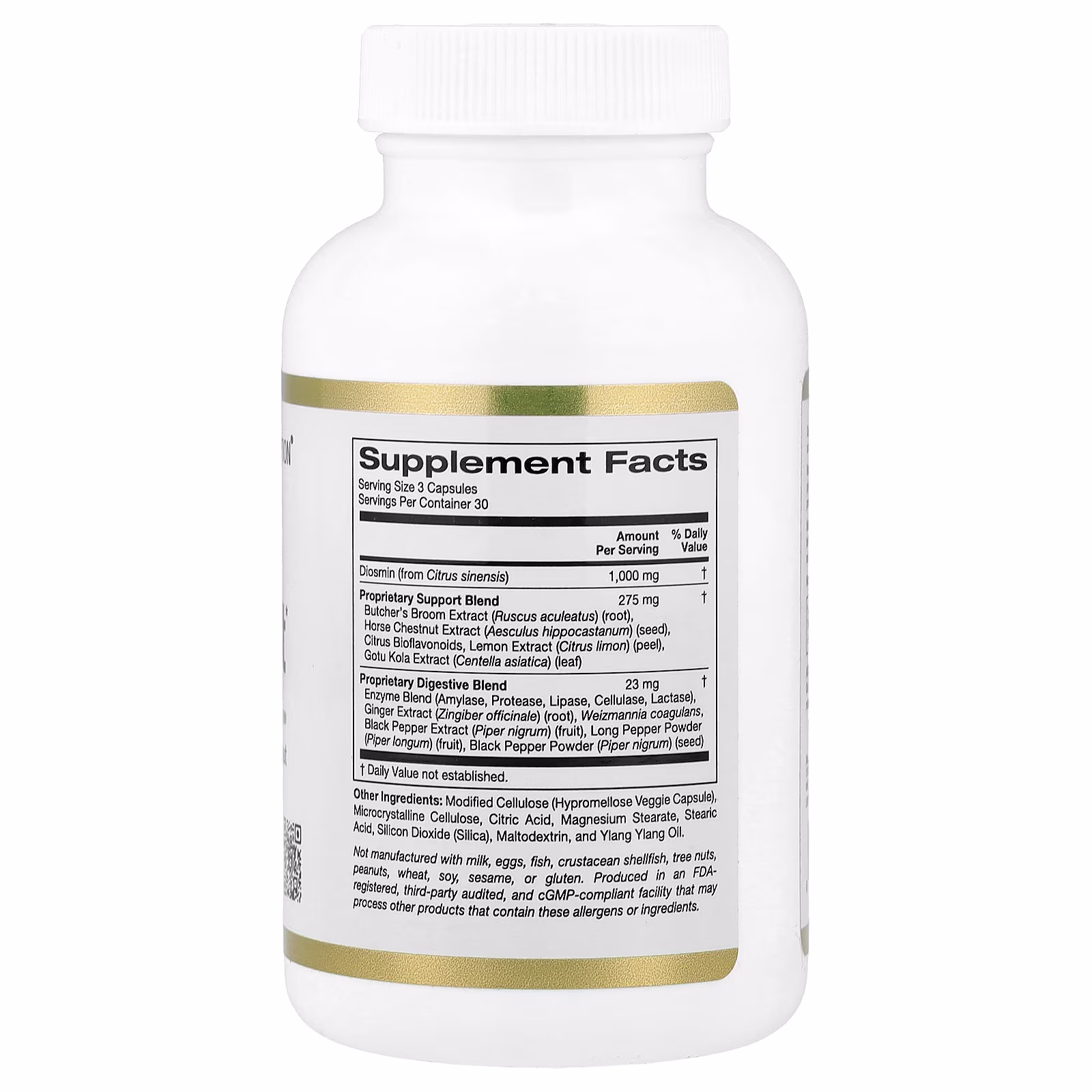 Suplemento de refuerzo para las venas con diosmina, rusco, castaña de Indias, bioflavonoides y enzimas, 90 cápsulas vegetales, California Gold Nutrition