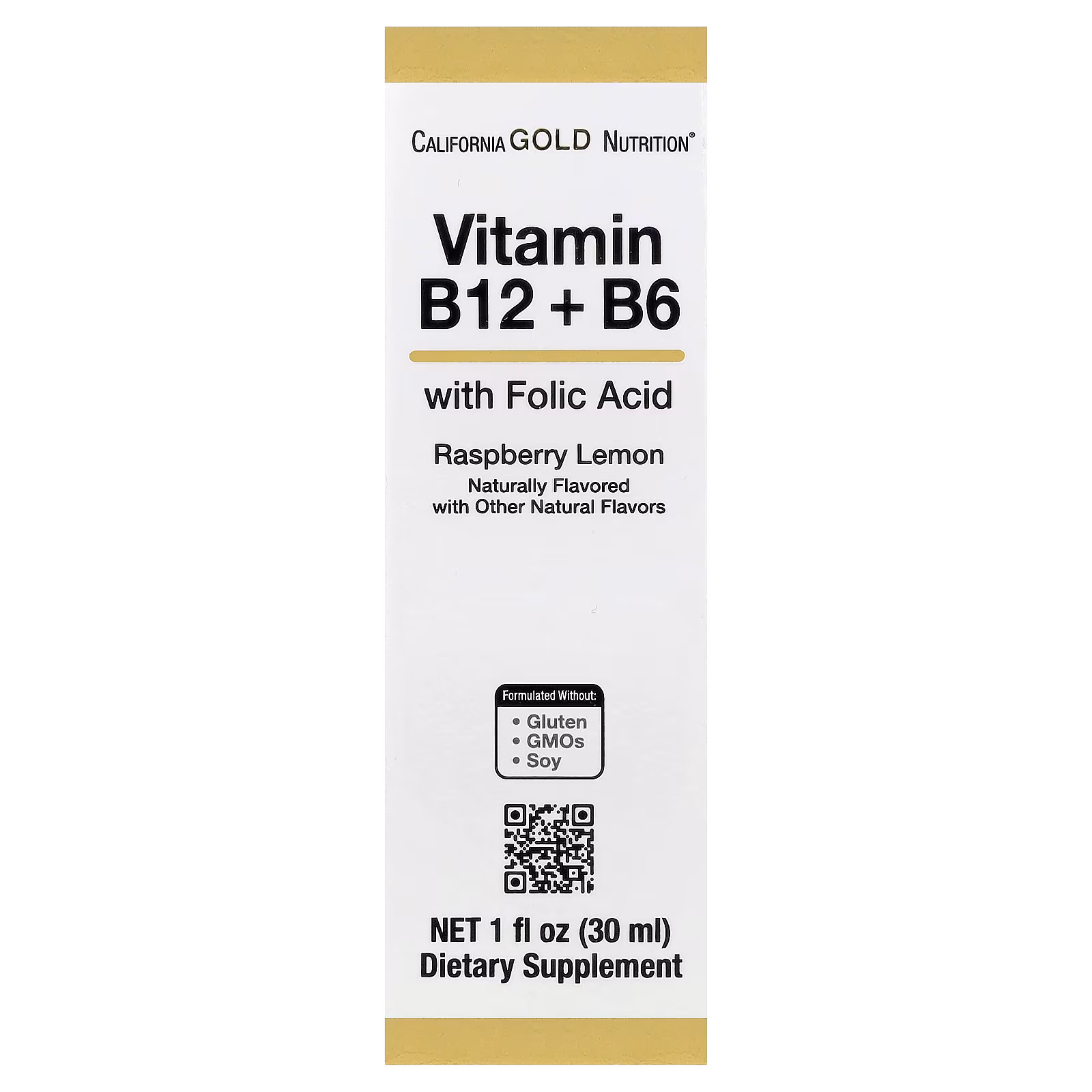 Vitamina B12 en forma de cianocobalamina con vitamina B6 y ácido fólico, Frambuesa y limón, 30 ml (1 oz. líq.), California Gold Nutrition
