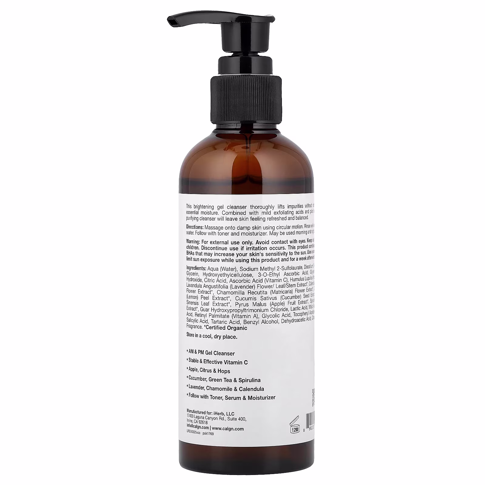 Agente de limpieza con vitamina C, Gel de limpieza con efecto iluminador potenciado, 177 ml (6 oz. líq.), California Gold Nutrition