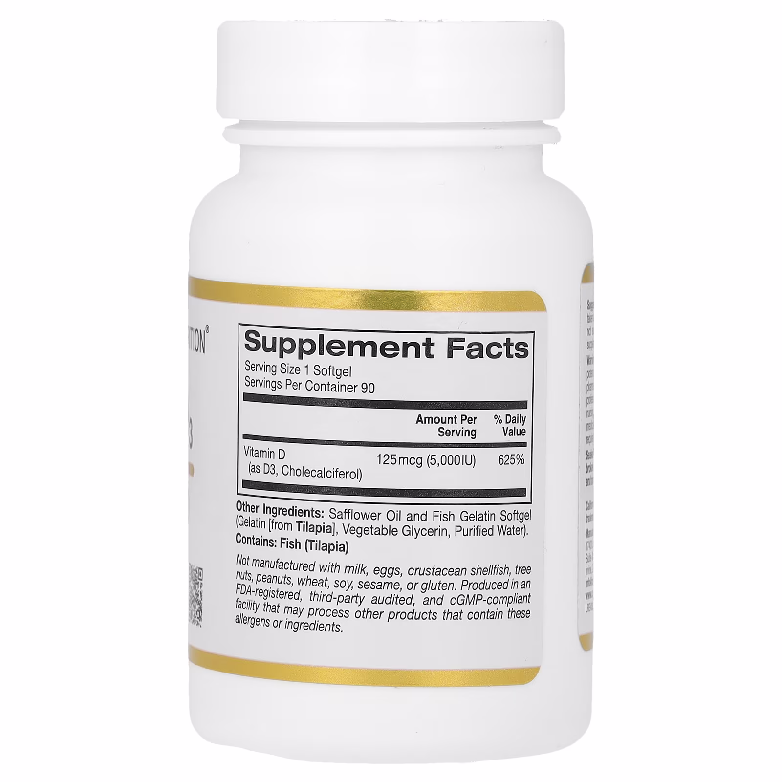 Vitamin D3, 125 mcg (5000 UI), 90 cápsulas blandas de gelatina de pescado, California Gold Nutrition