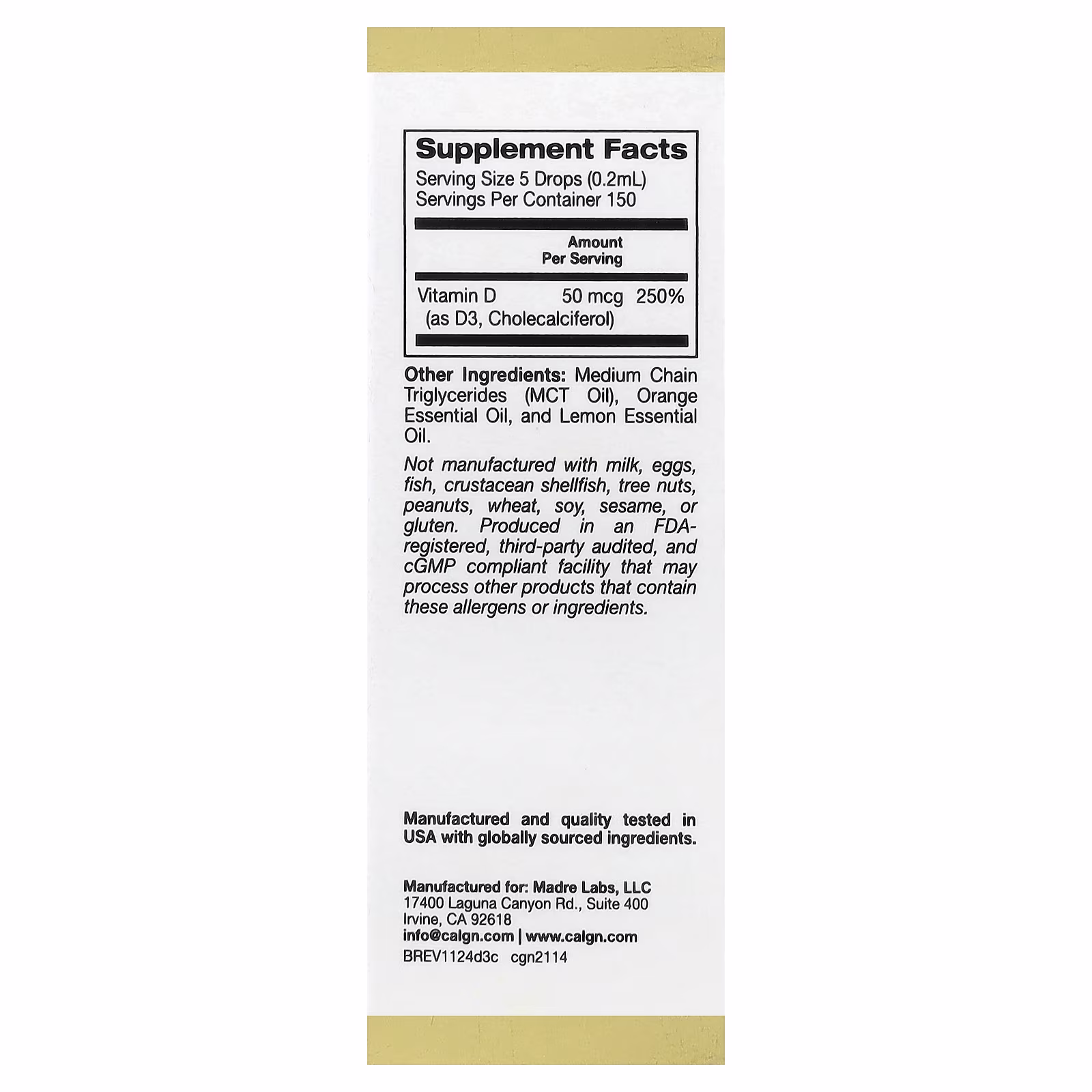 Vitamina D3, Cítricos, 50 mcg (2000 UI), 30 ml (1 oz. líq.), California Gold Nutrition