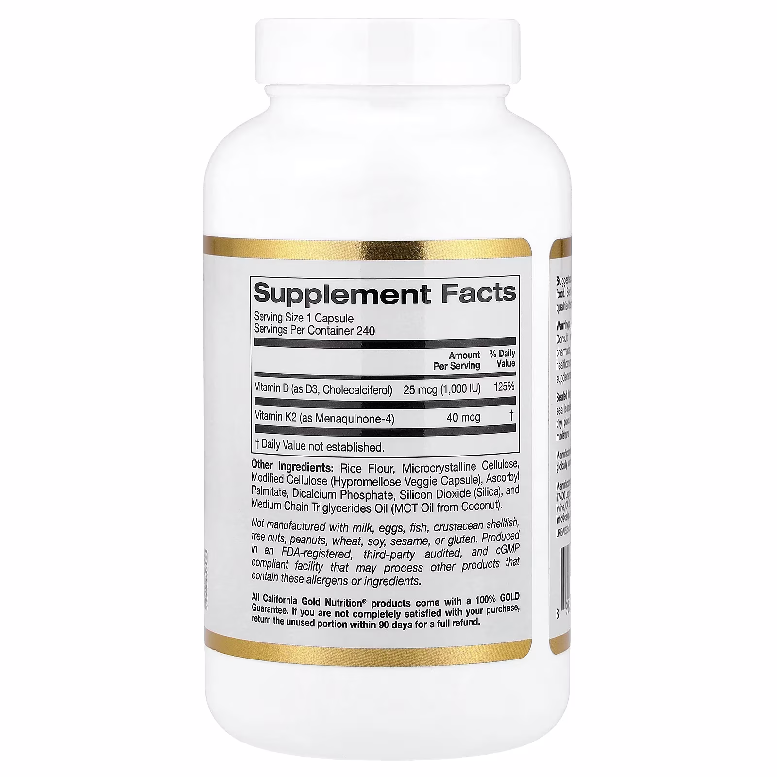 Vitaminas D3 y K2, 240 cápsulas vegetales, California Gold Nutrition