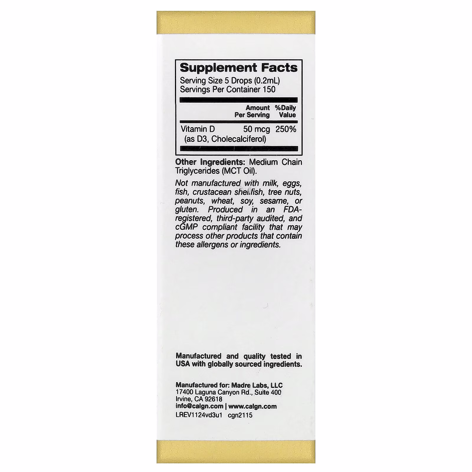 Vitamina D3, Sin sabor, 50 mcg (2000 UI), 30 ml (1 oz. líq.), California Gold Nutrition