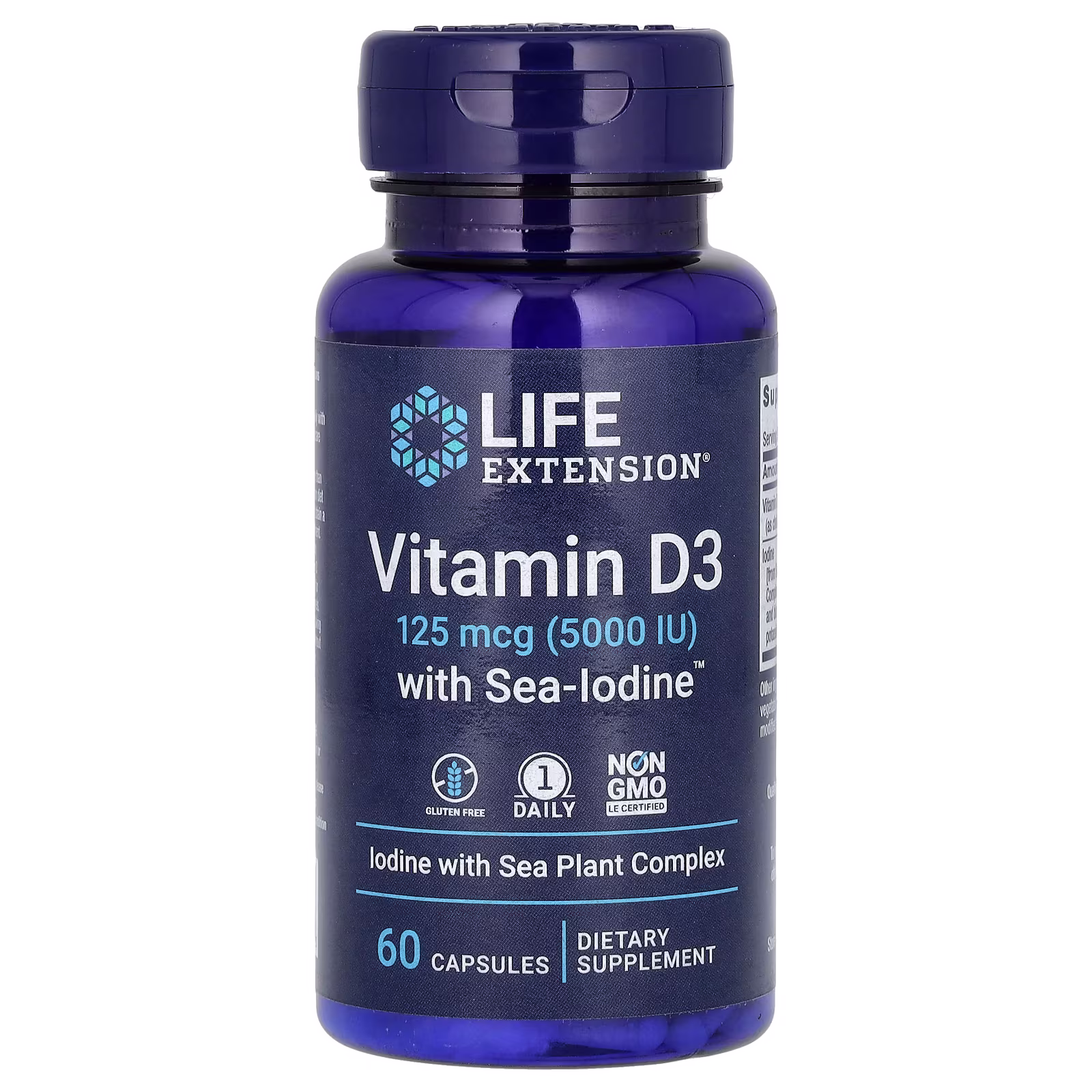 Vitamina D3 con Yodo Marino Sea-Iodine, 125 mcg (5000 UI), 60 cápsulas, Life Extension