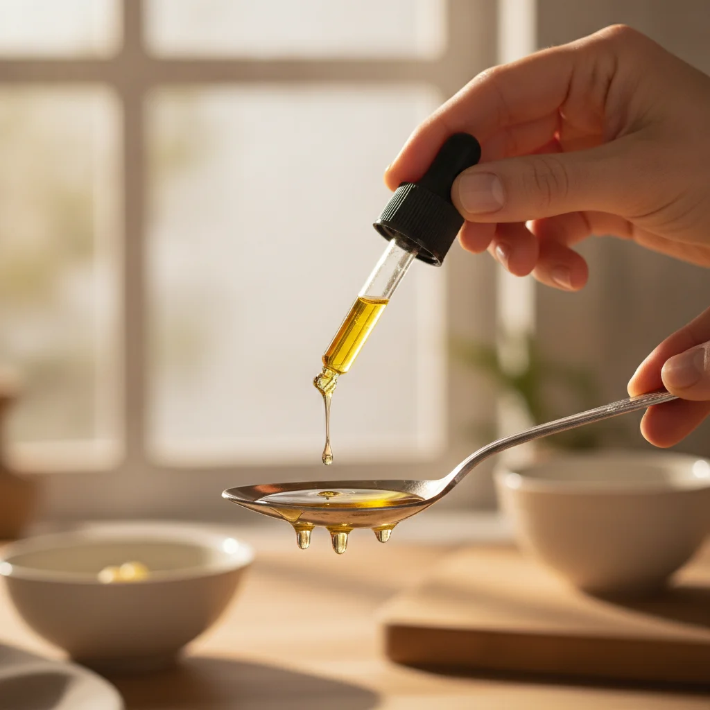 Gotas líquidas de vitamina D en aceite siendo dosificadas con precisión