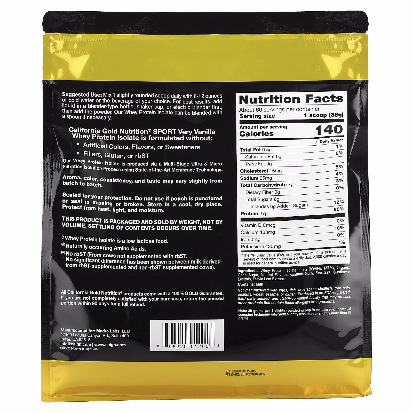 Aislado de proteína de suero de leche, Vainilla, 2,27 kg (5 lb), California Gold Nutrition