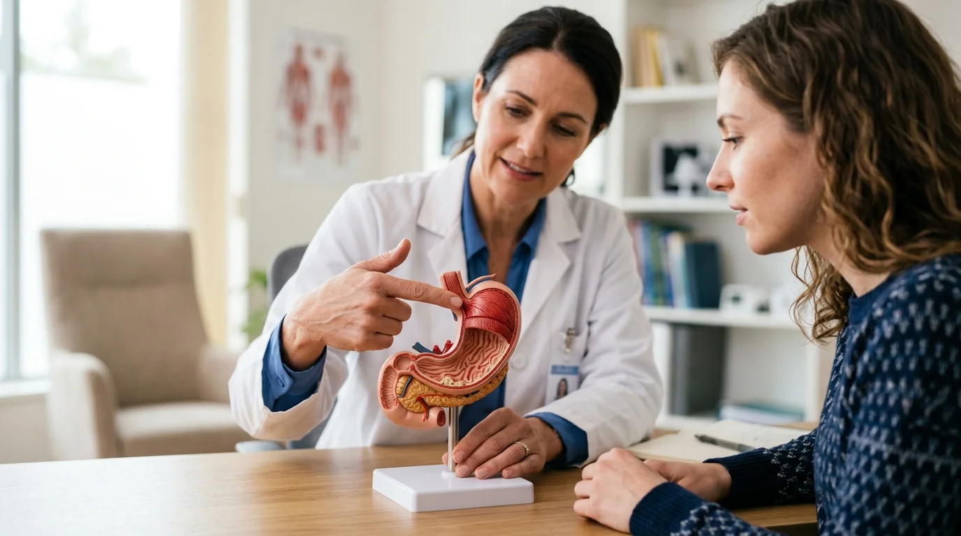 Médico explicando en un modelo anatómico del estómago