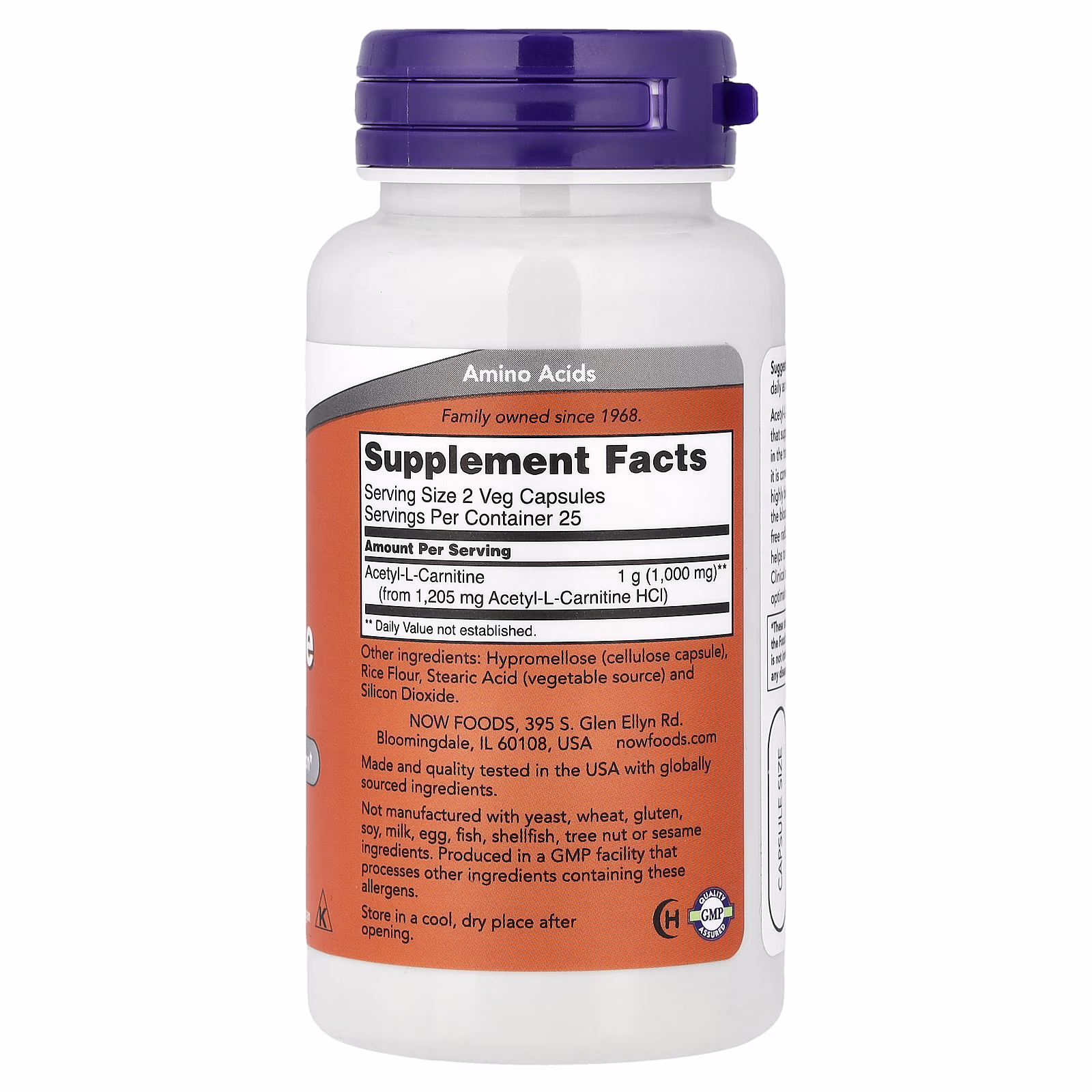 Acetil-L-carnitina, 500 mg, 50 cápsulas vegetales, NOW Foods