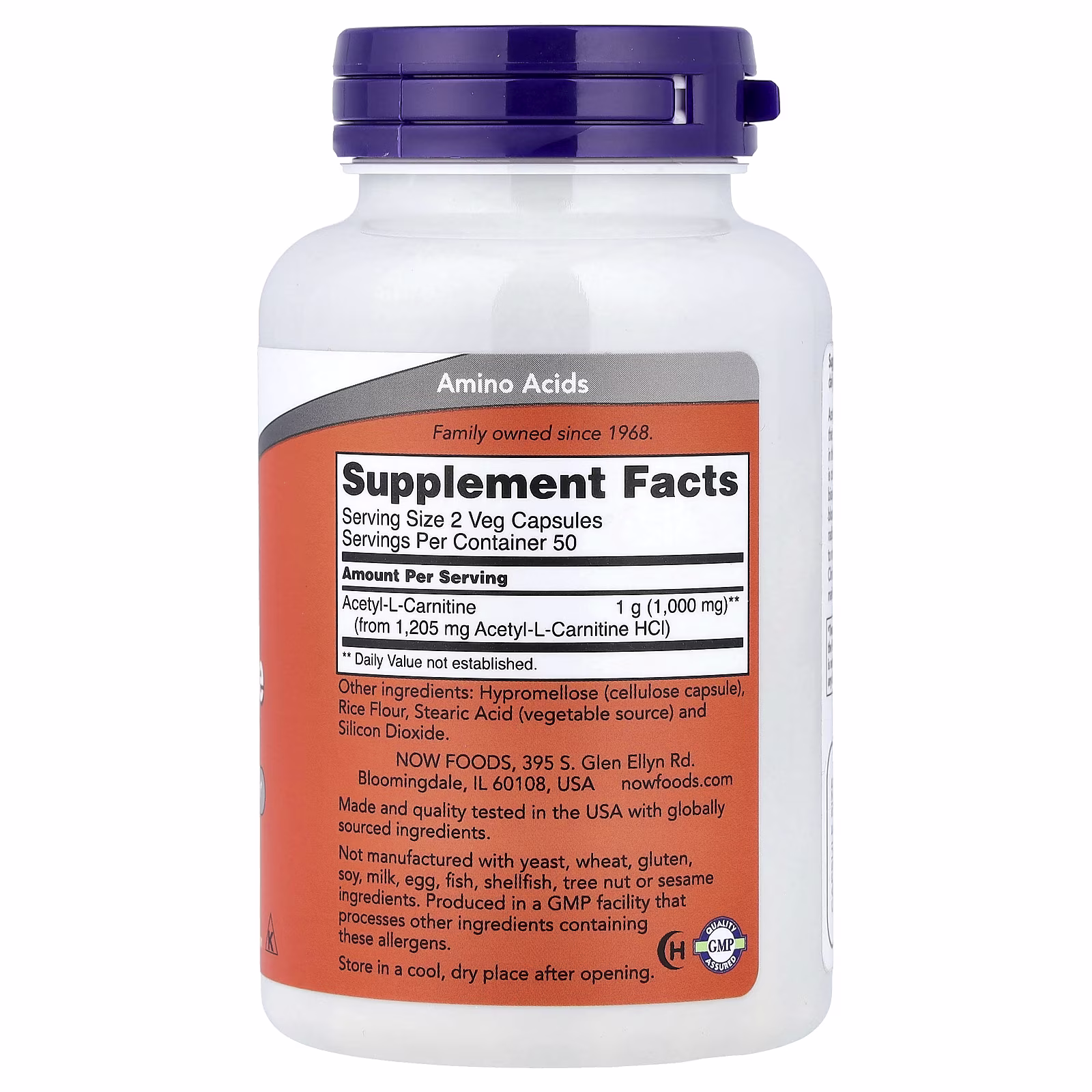 Acetil-L-carnitina, 500 mg, 100 cápsulas vegetales, NOW Foods