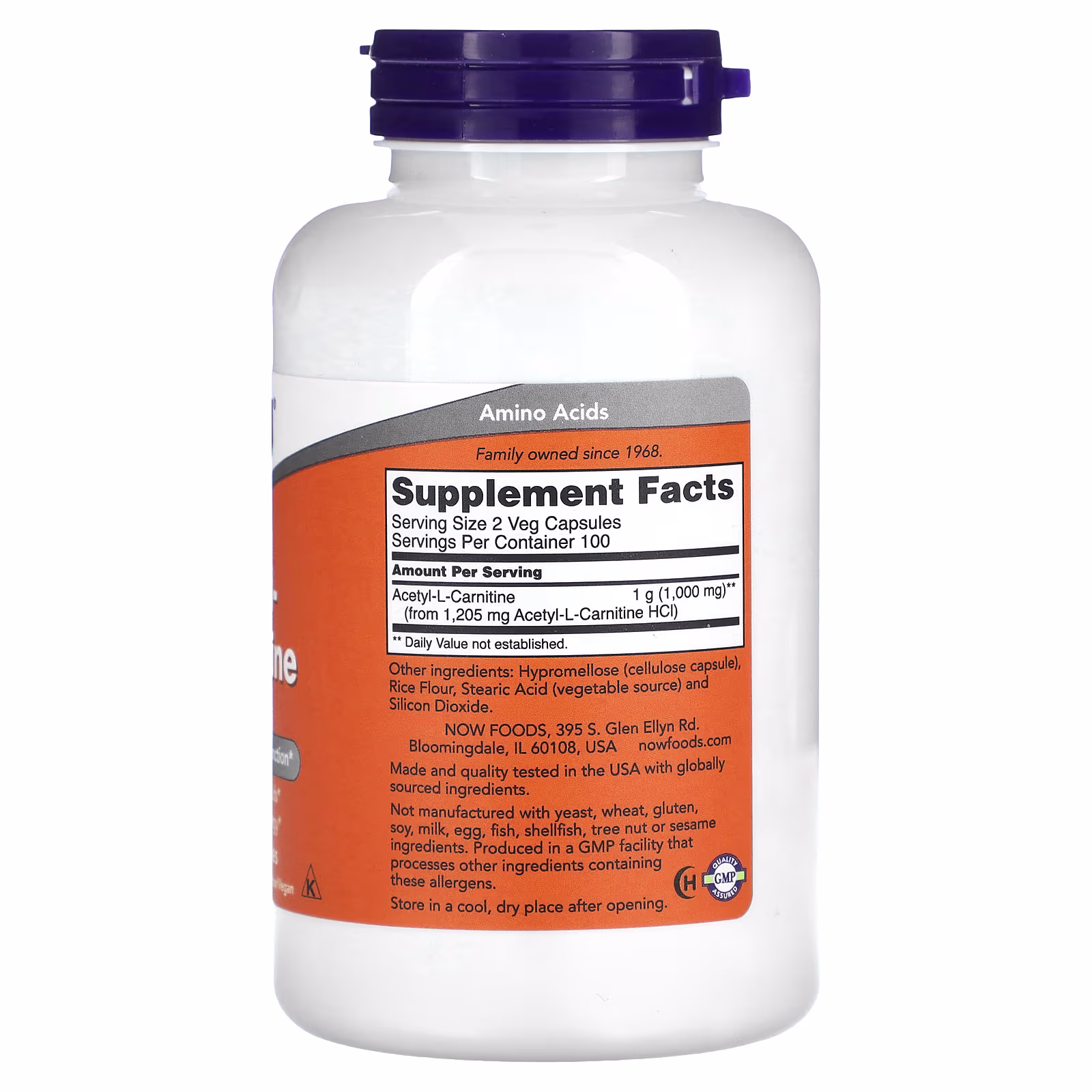 Acetil-L-carnitina, 500 mg, 200 cápsulas vegetales, NOW Foods