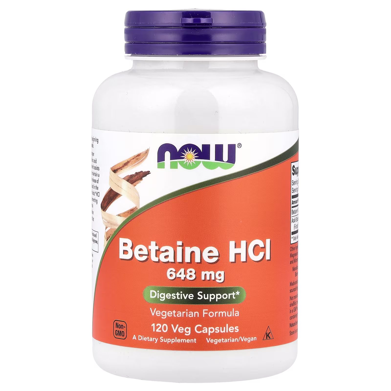 Clorhidrato de betaína, 648 mg, 120 cápsulas vegetales, NOW Foods
