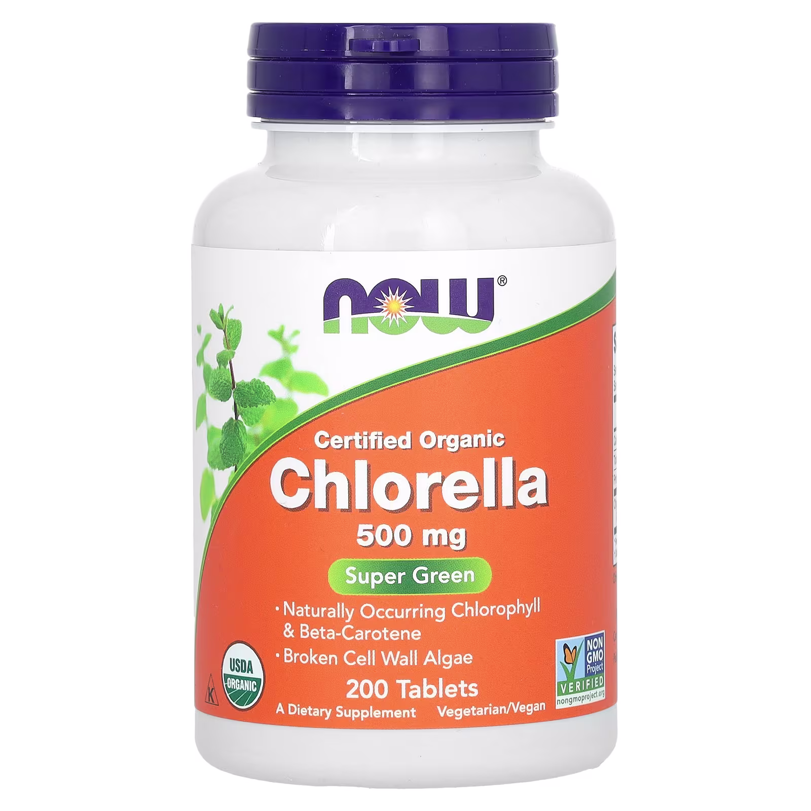 Clorela orgánica certificada, 500 mg, 200 tabletas, NOW Foods