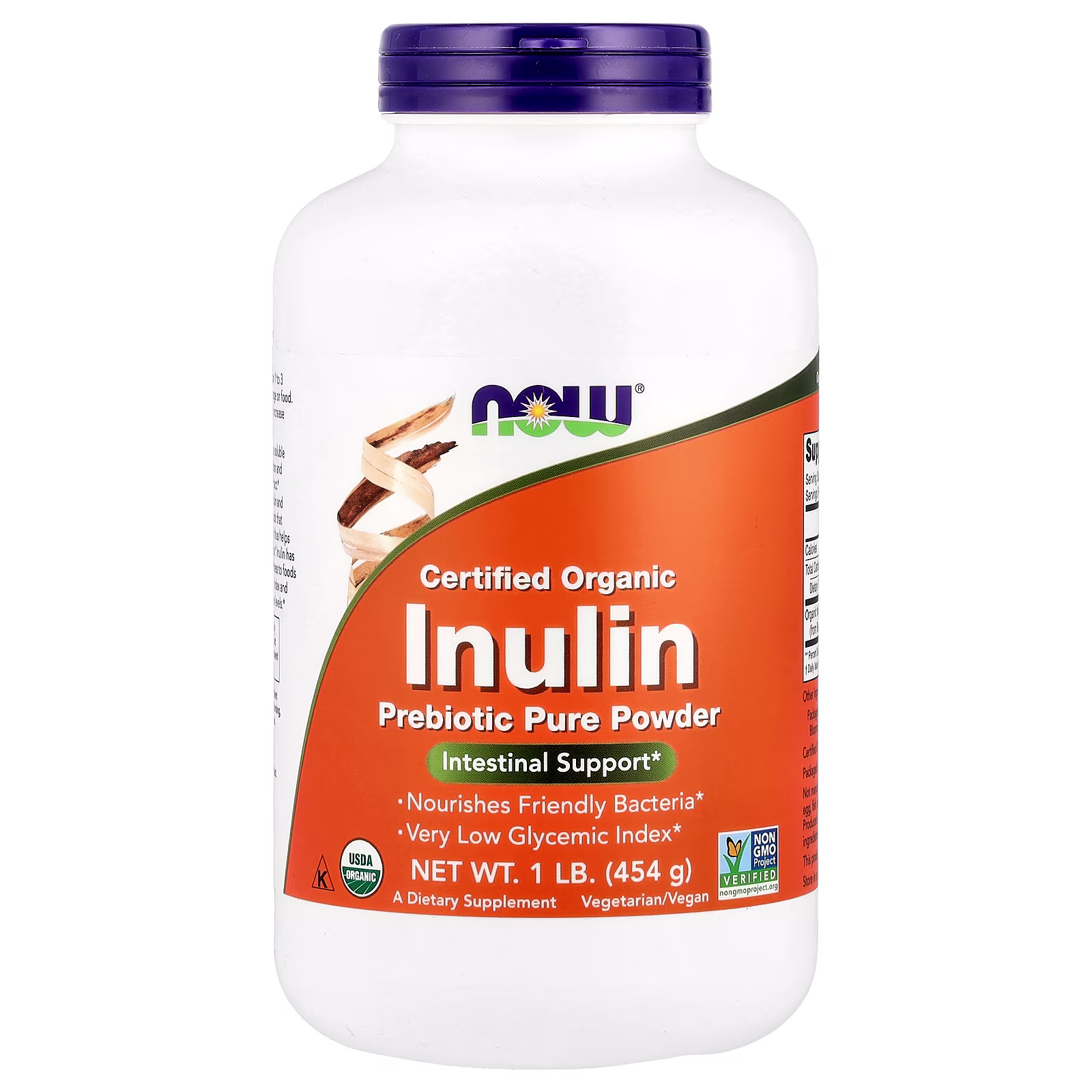 Inulina orgánica certificada, Prebiótico puro en polvo, 454 g (1 lb), NOW Foods
