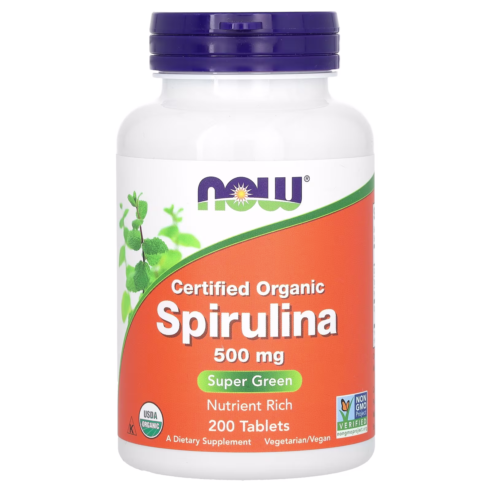 Espirulina orgánica certificada, 500 mg, 200 tabletas, NOW Foods