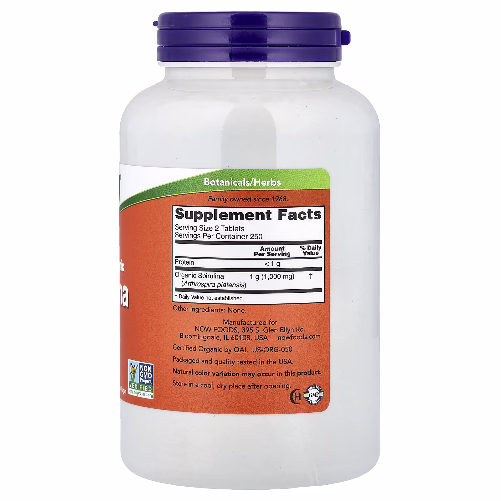 Espirulina orgánica certificada, 500 mg, 500 tabletas, NOW Foods