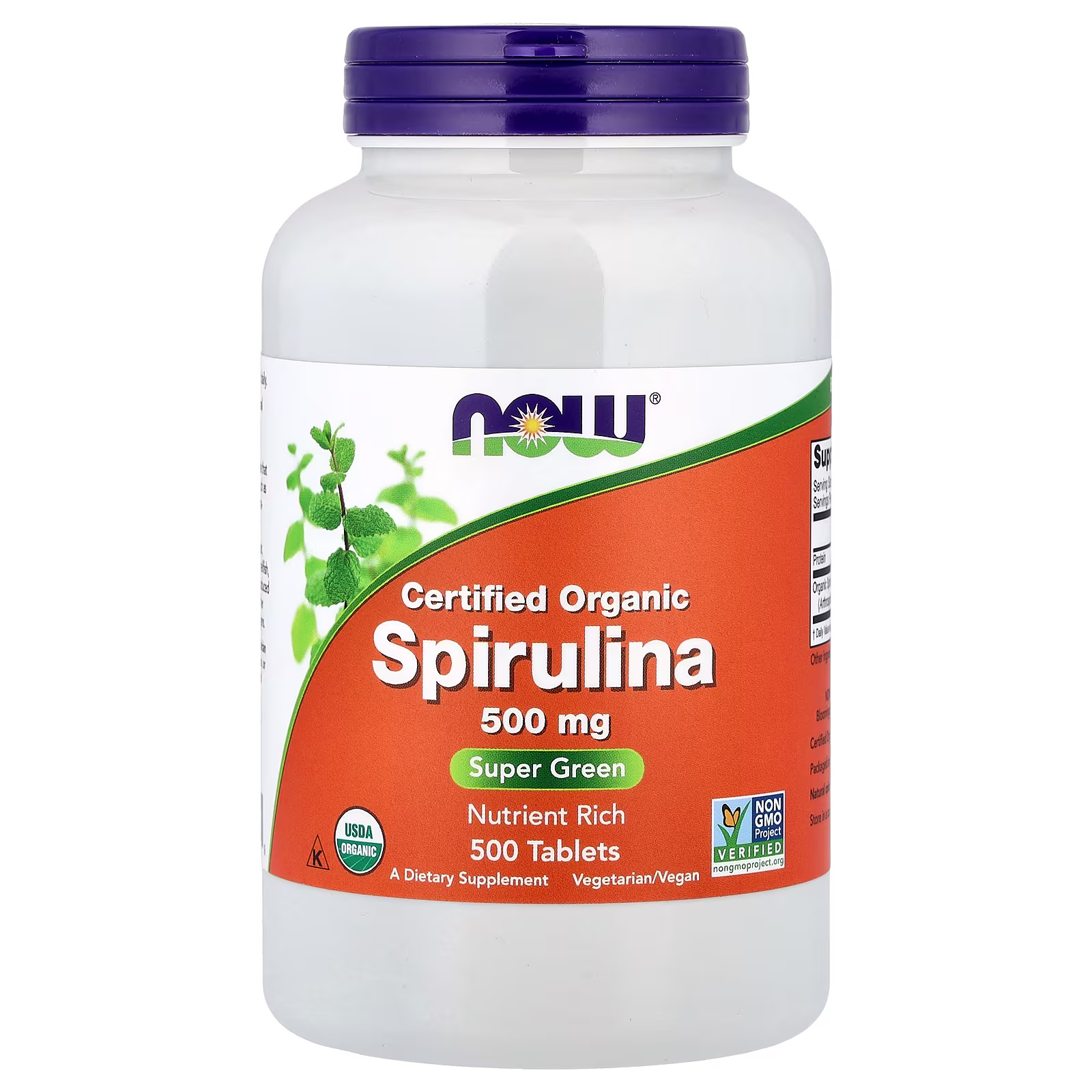 Espirulina orgánica certificada, 500 mg, 500 tabletas, NOW Foods