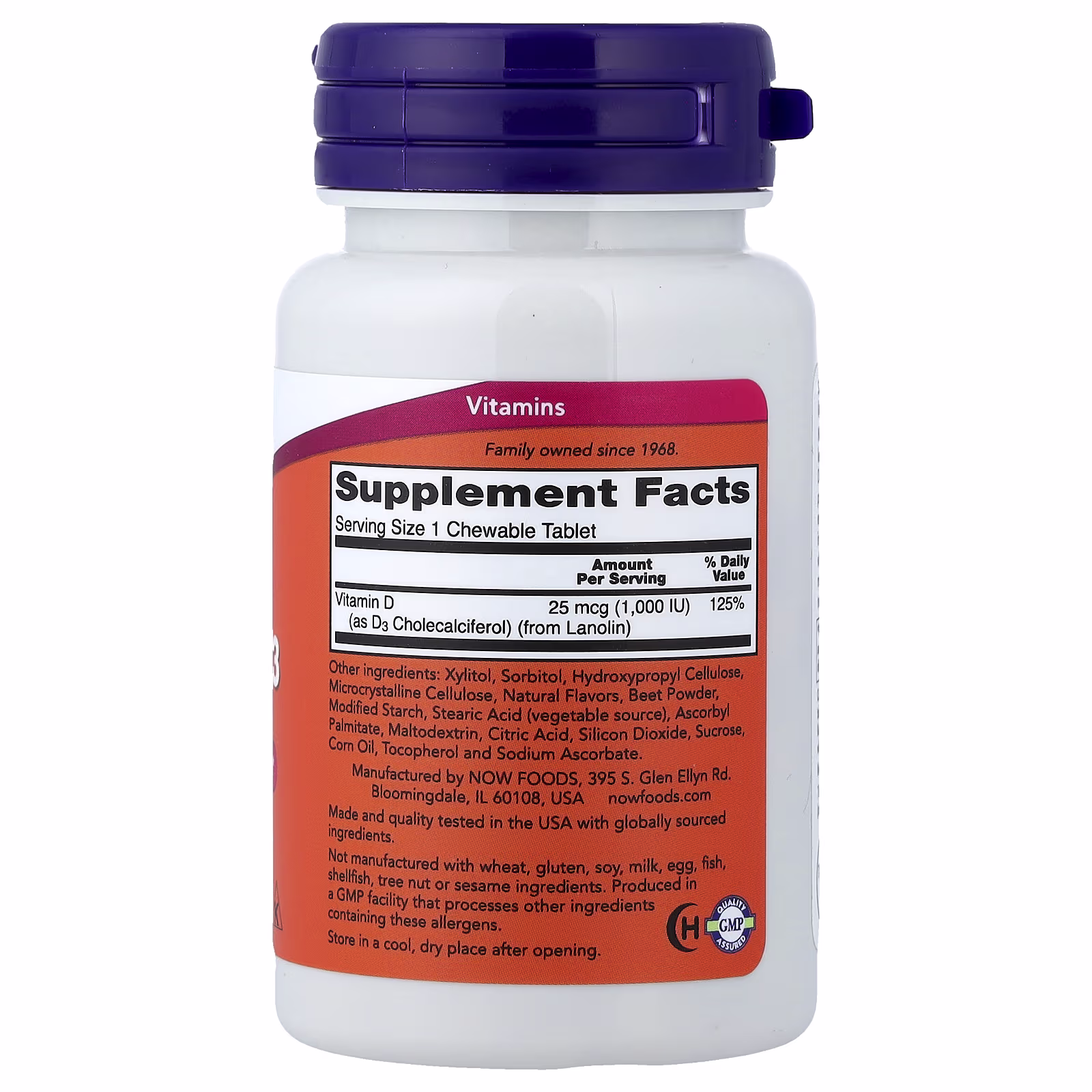 Vitamina D3 masticable, Frutas, 25 mcg (1000 UI), 180 tabletas masticables, NOW Foods