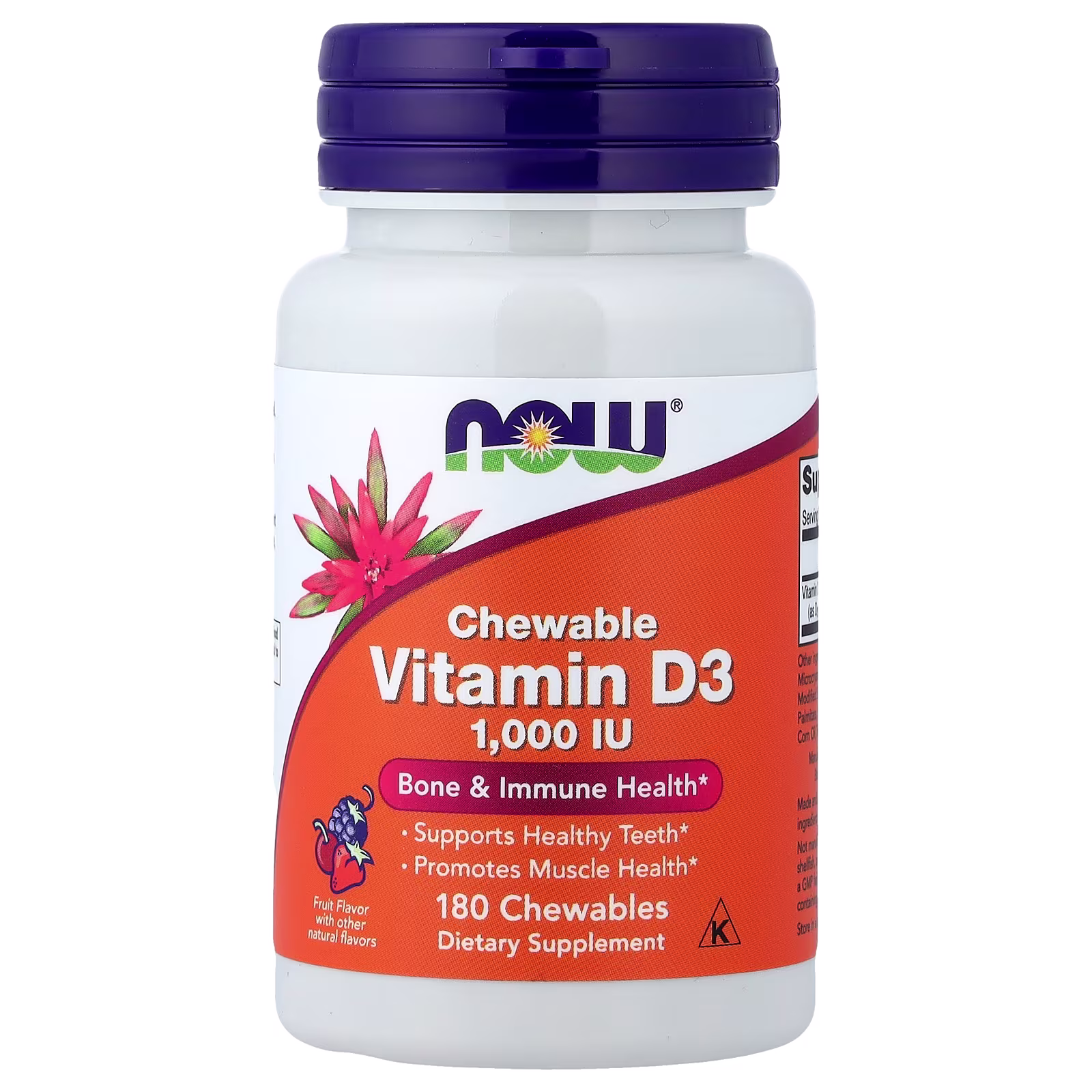 Vitamina D3 masticable, Frutas, 25 mcg (1000 UI), 180 tabletas masticables, NOW Foods