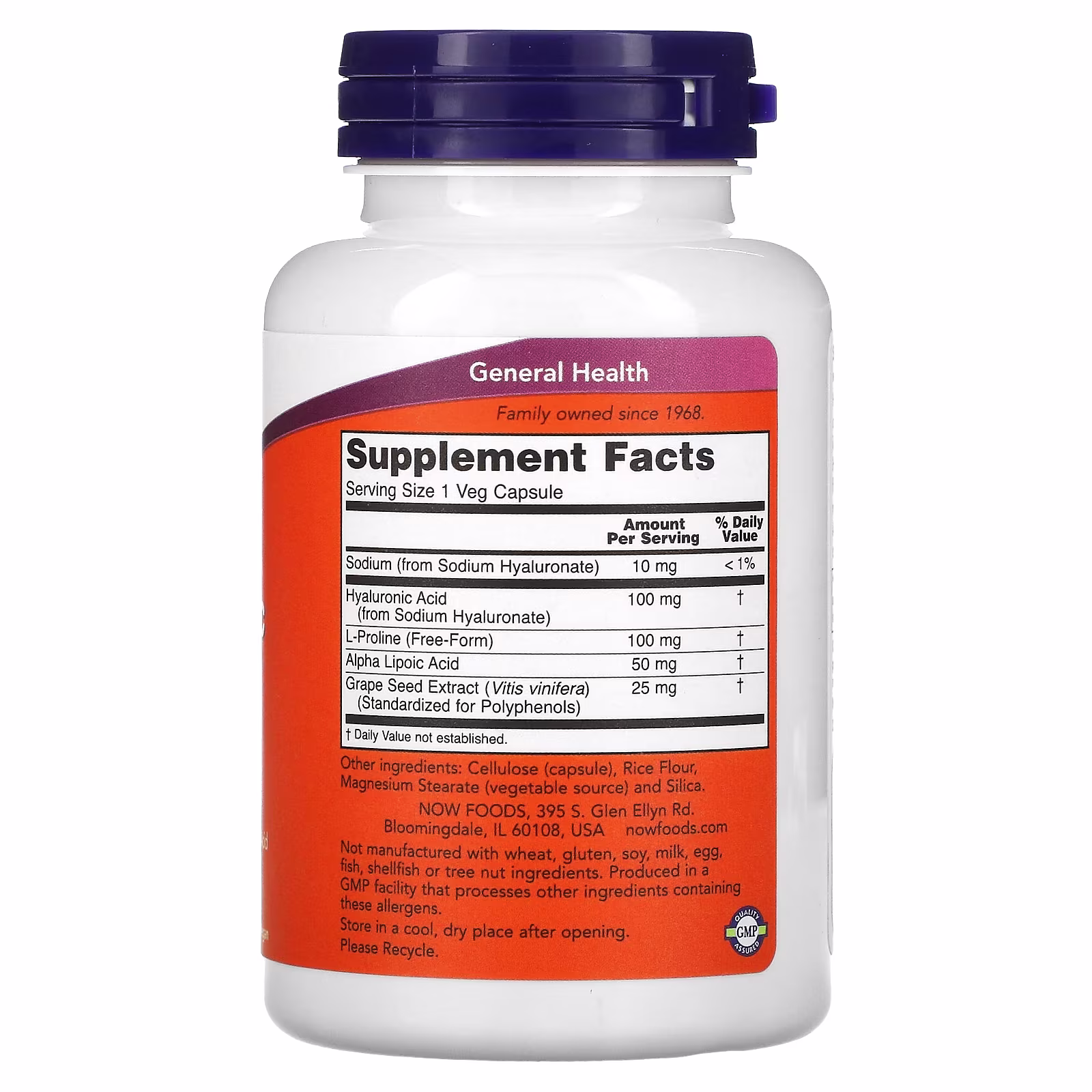 Ácido hialurónico con L-prolina, ácido alfa-lipoico y extracto de semilla de uva, 100 mg, 120 cápsulas vegetales, NOW Foods