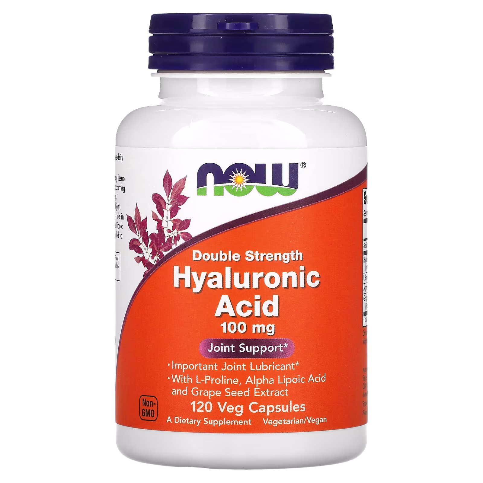 Ácido hialurónico con L-prolina, ácido alfa-lipoico y extracto de semilla de uva, 100 mg, 120 cápsulas vegetales, NOW Foods