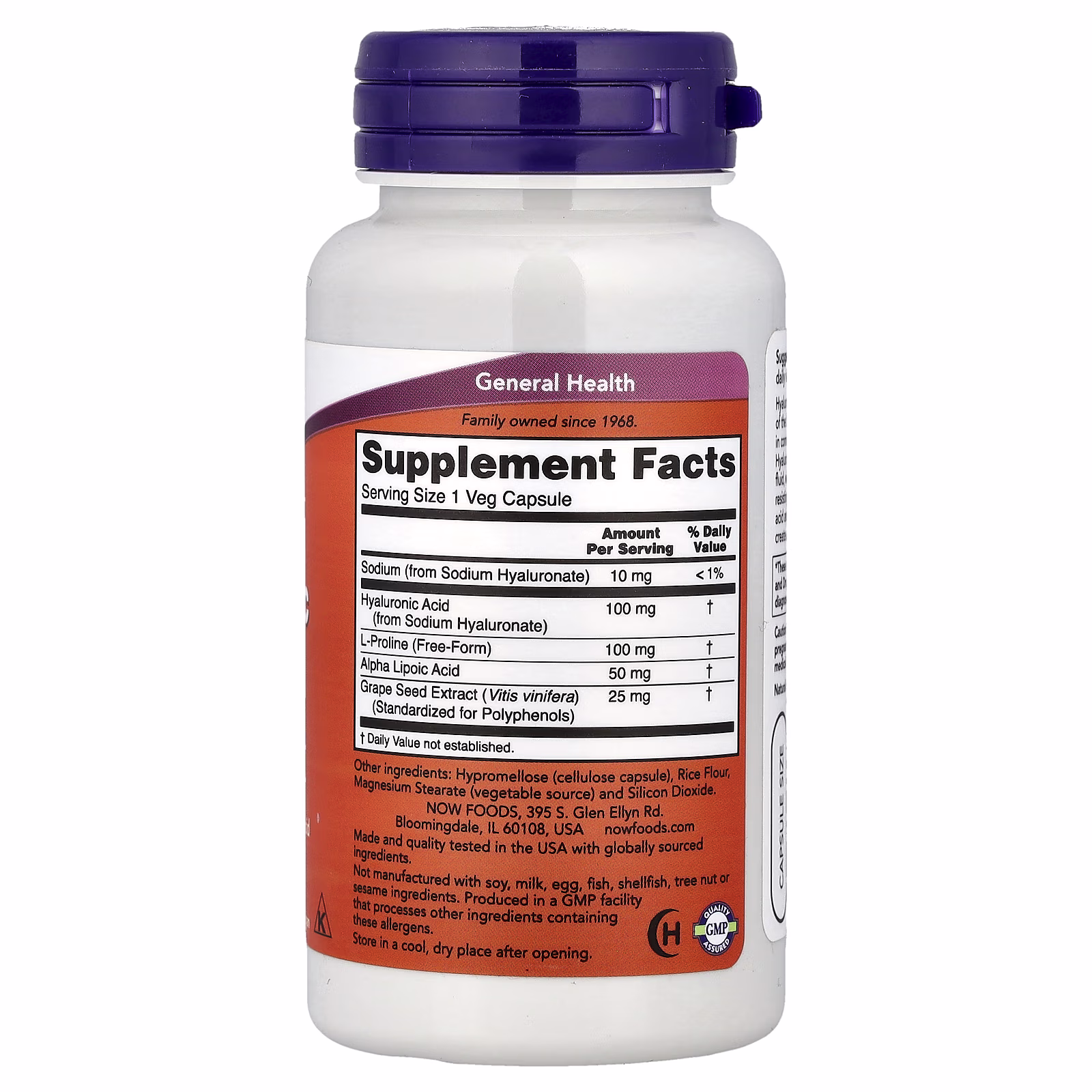 Ácido hialurónico con L-prolina, ácido alfa-lipoico y extracto de semilla de uva, 100 mg, 60 cápsulas vegetales, NOW Foods