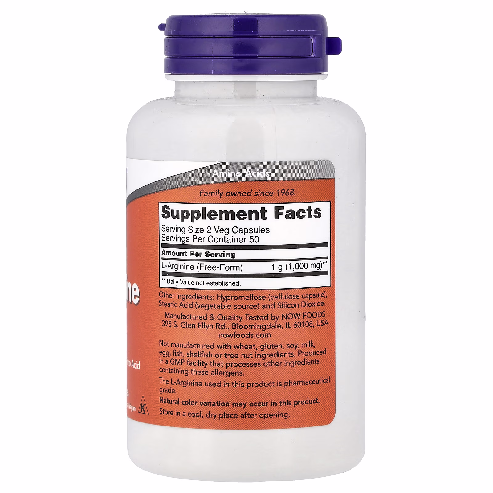 L-arginina, 500 mg, 100 cápsulas vegetales, NOW Foods