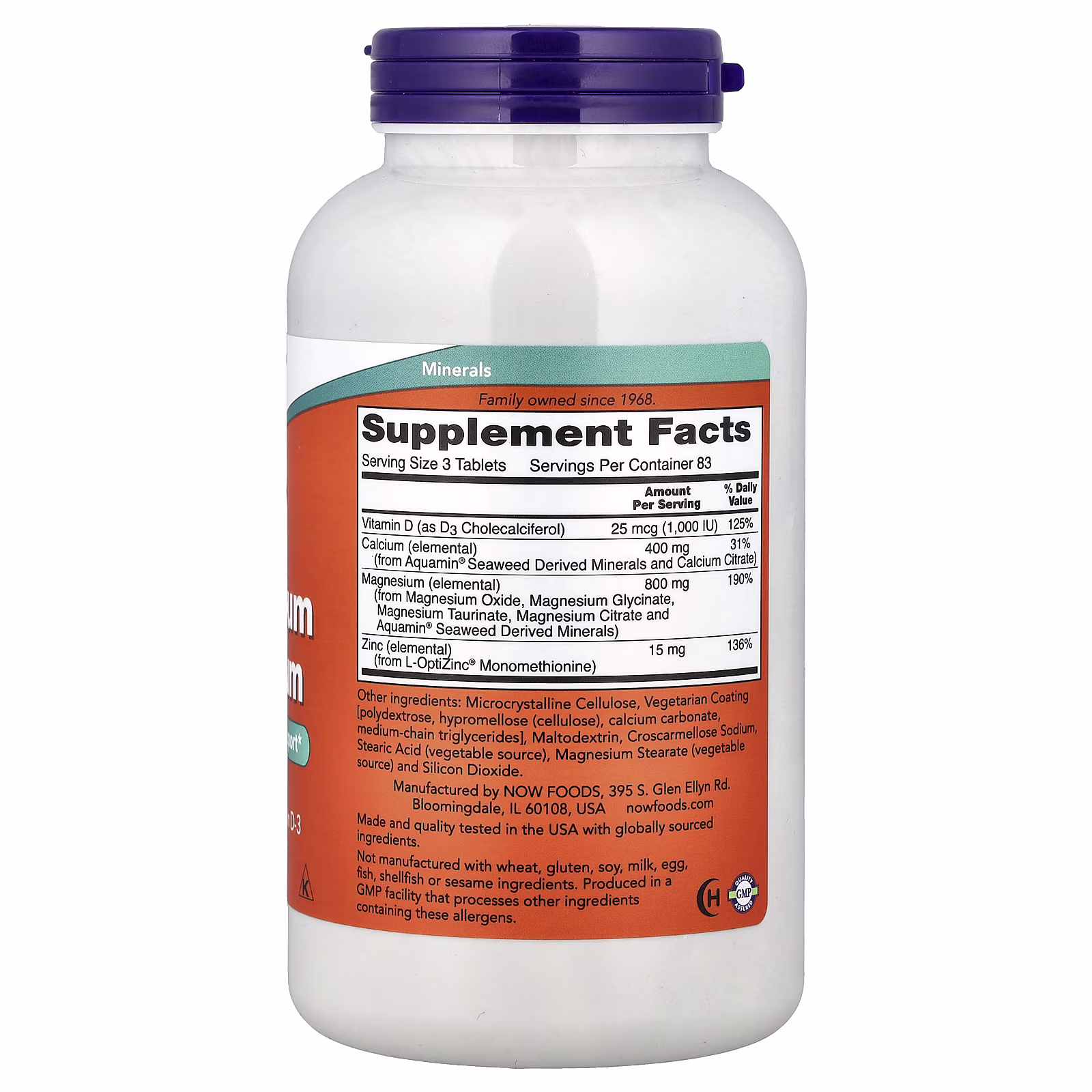 Magnesio y calcio con zinc y vitamina D3, 250 tabletas, NOW Foods