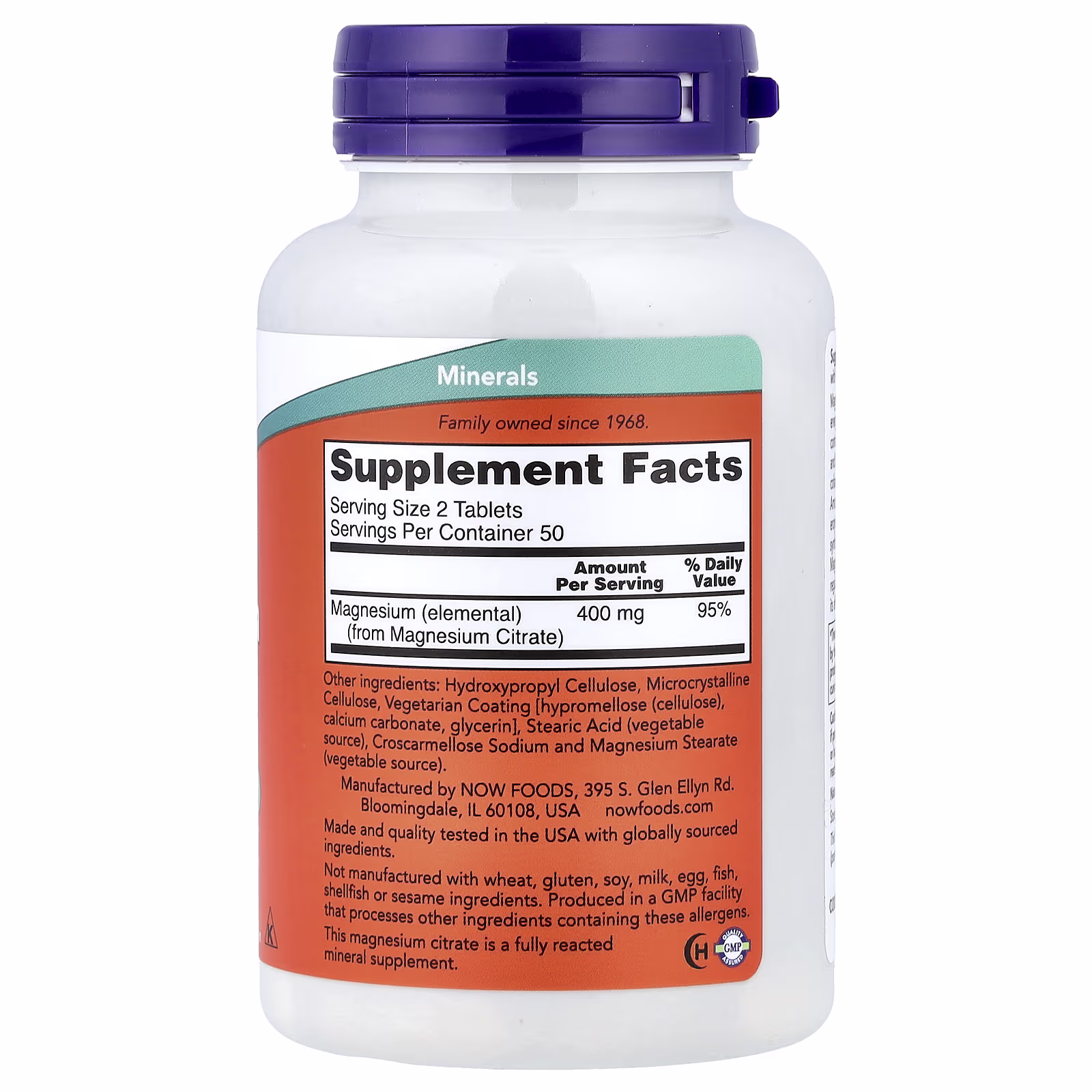 Citrato de magnesio, 200 mg, 100 tabletas, NOW Foods