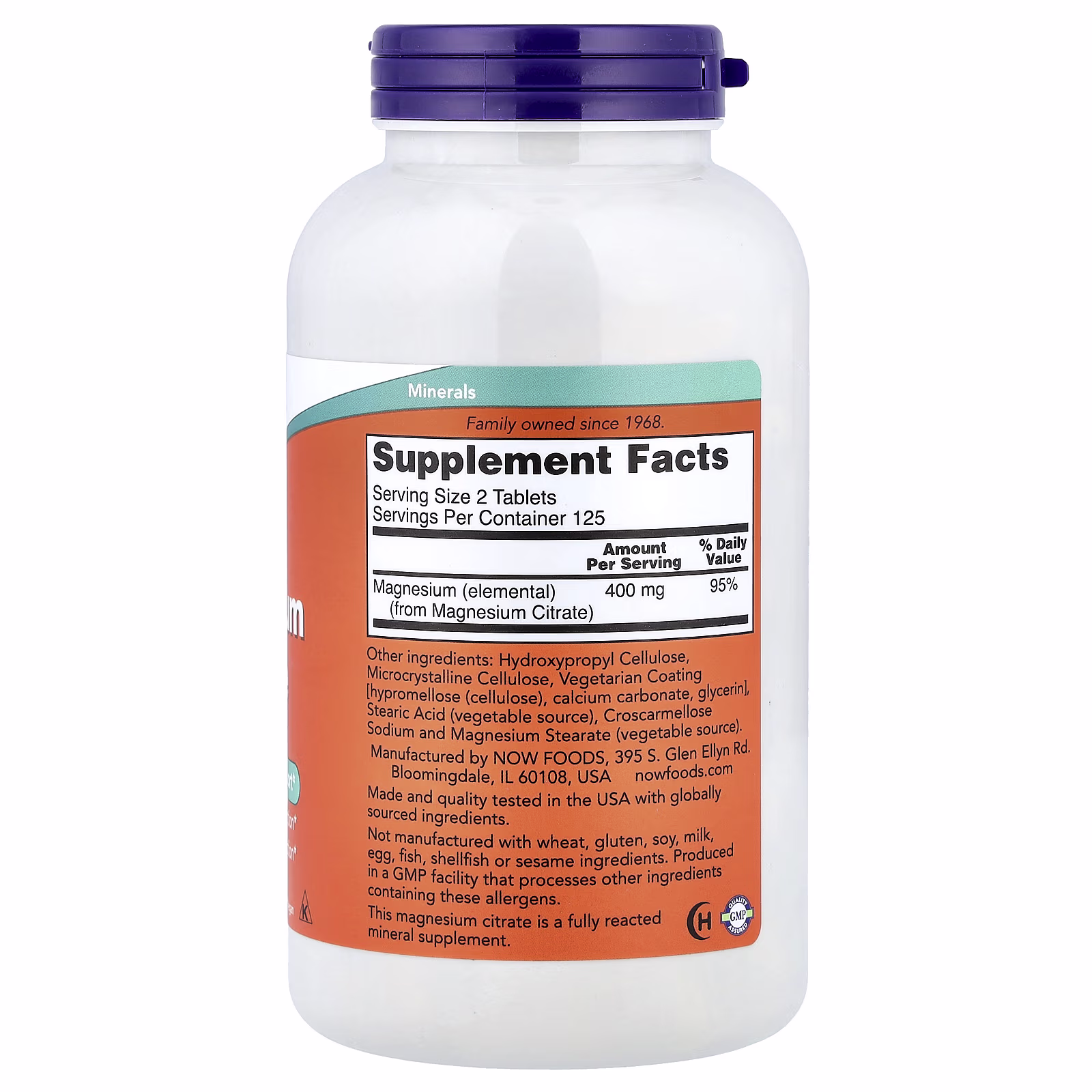 Citrato de magnesio, 200 mg, 250 tabletas, NOW Foods
