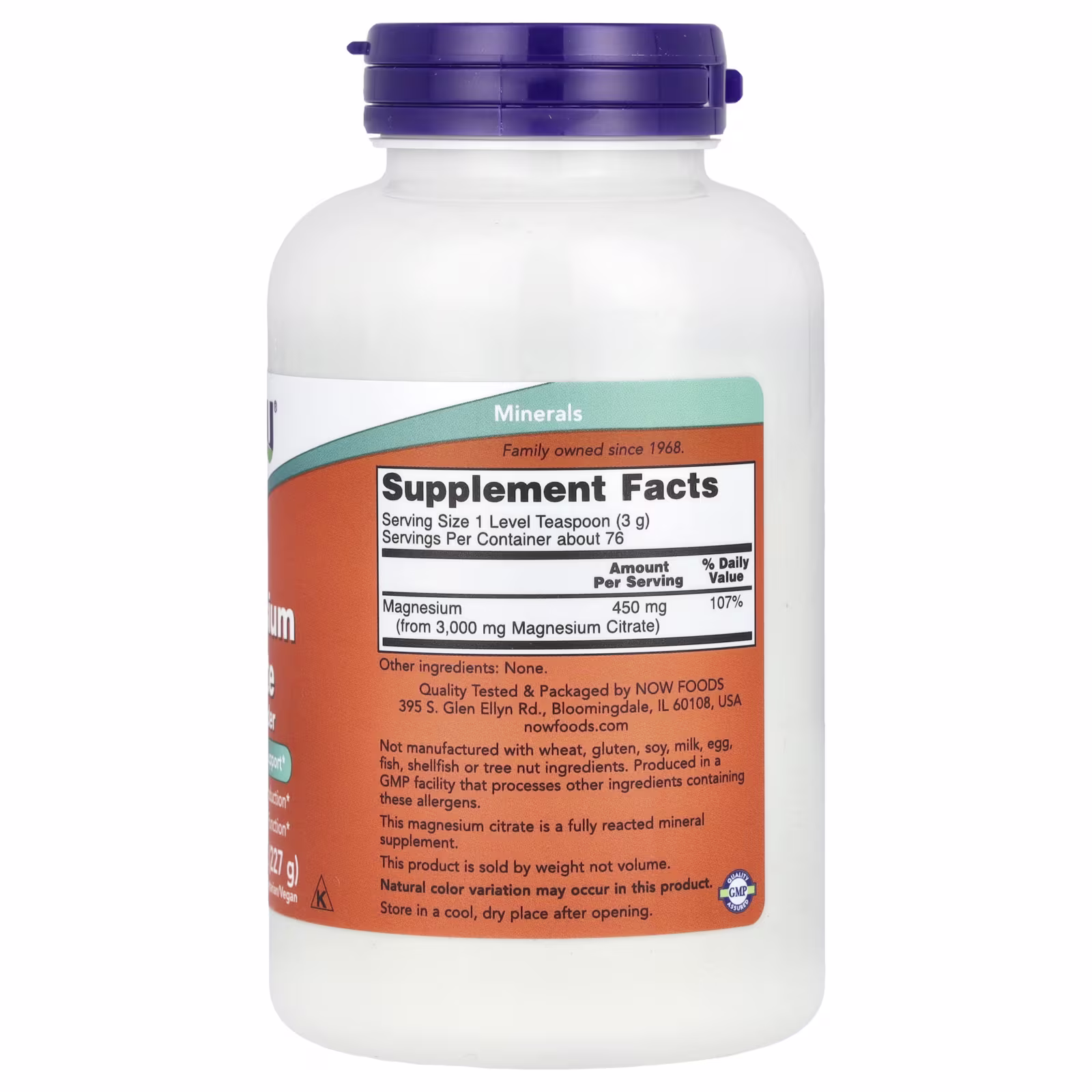 Citrato de magnesio puro en polvo, 227 g (8 oz), NOW Foods