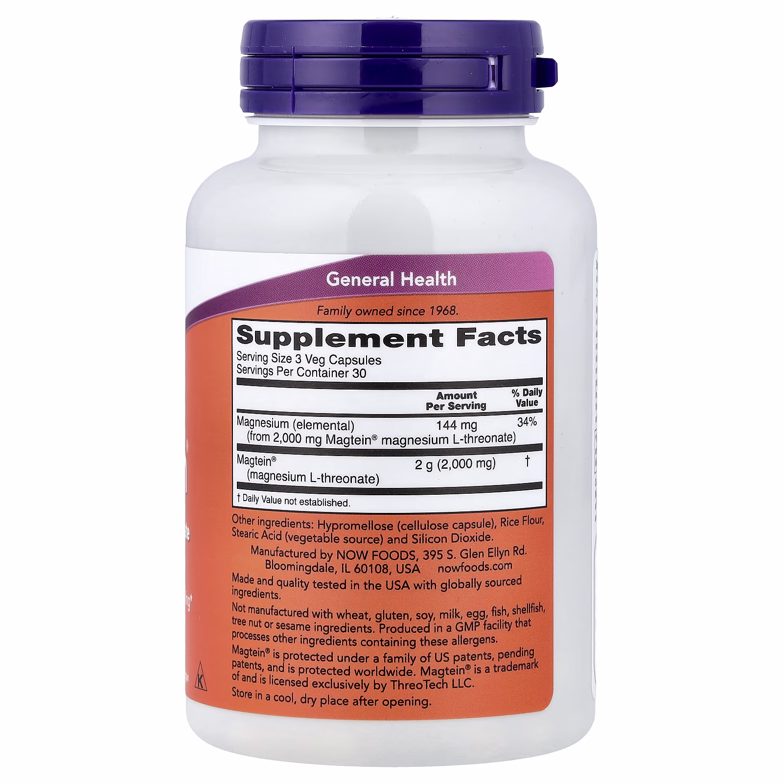 Magtein®, L-treonato de magnesio, 90 cápsulas vegetales (48 mg por cápsula), NOW Foods