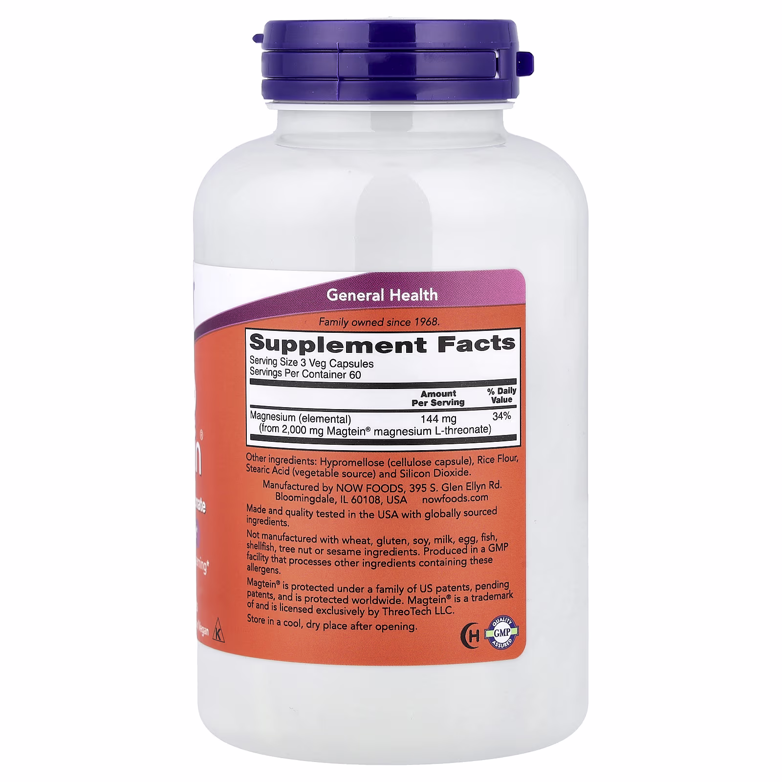 Magtein®, L-treonato de magnesio, 180 cápsulas vegetales (48 mg por cápsula), NOW Foods