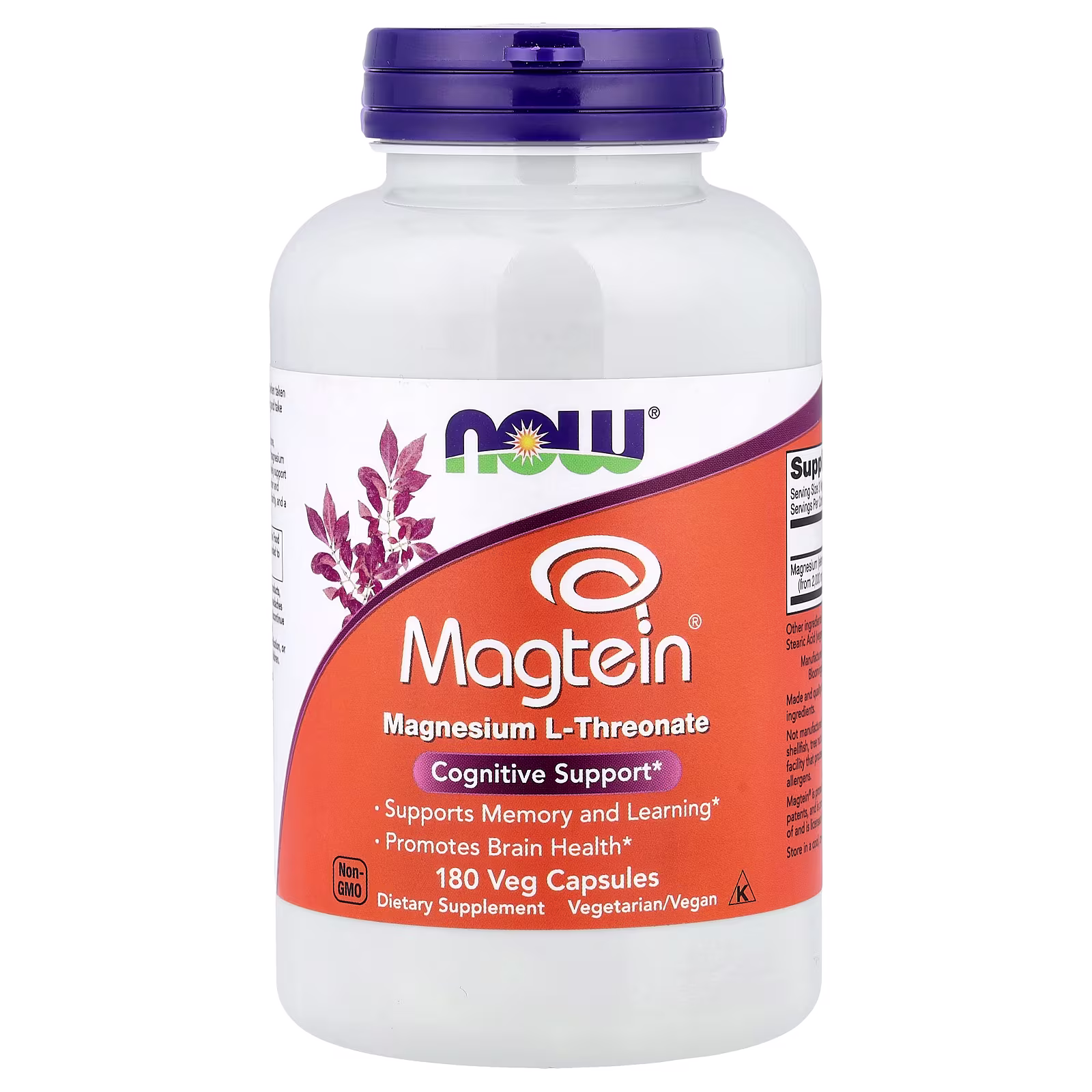 Magtein®, L-treonato de magnesio, 180 cápsulas vegetales (48 mg por cápsula), NOW Foods